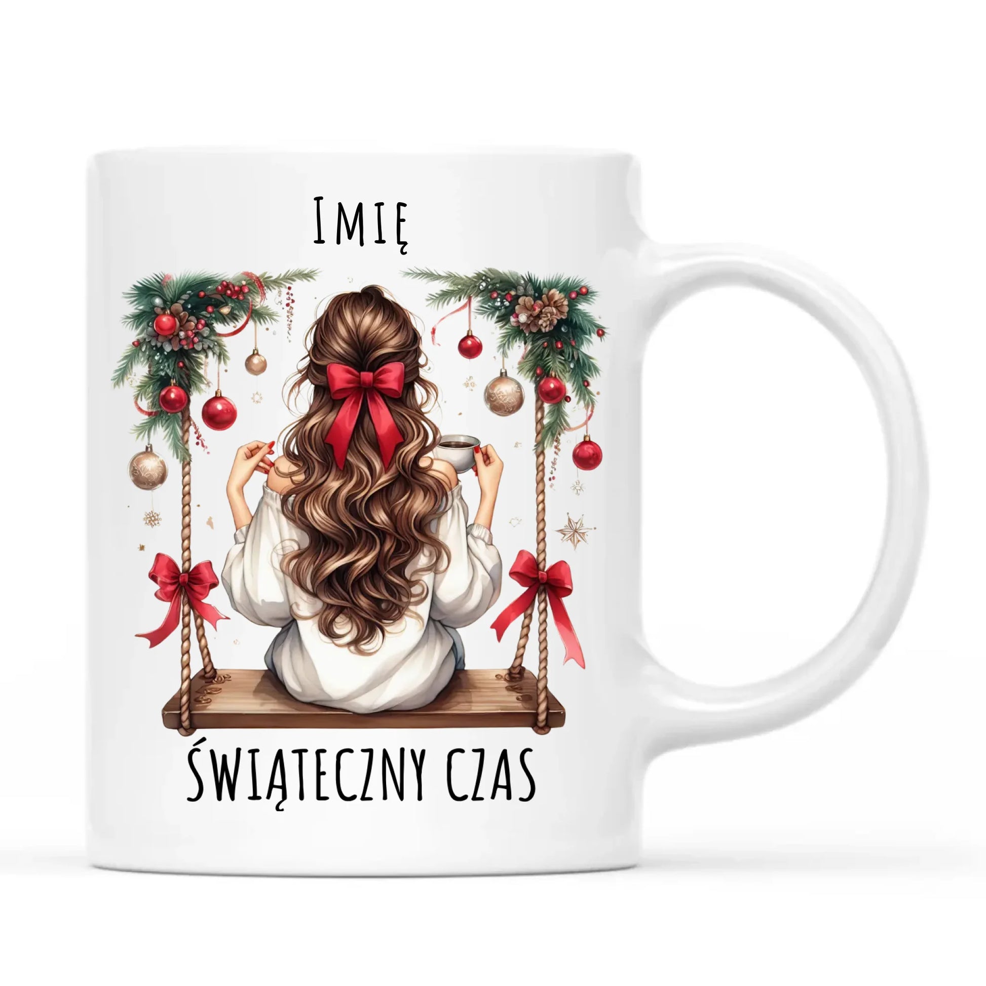 Kubek świąteczny - Dziewczyna na huśtawce - Świąteczny czas - personalizowany BN105 - StoryCups.pl
