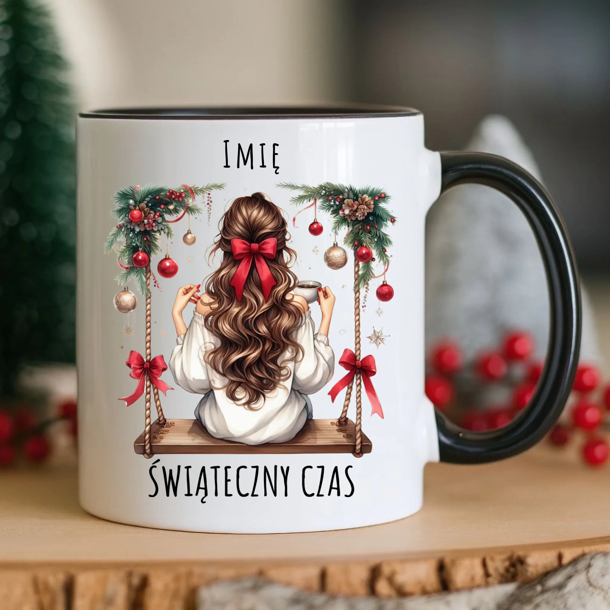 Kubek świąteczny - Dziewczyna na huśtawce - Świąteczny czas - personalizowany BN105 - StoryCups.pl