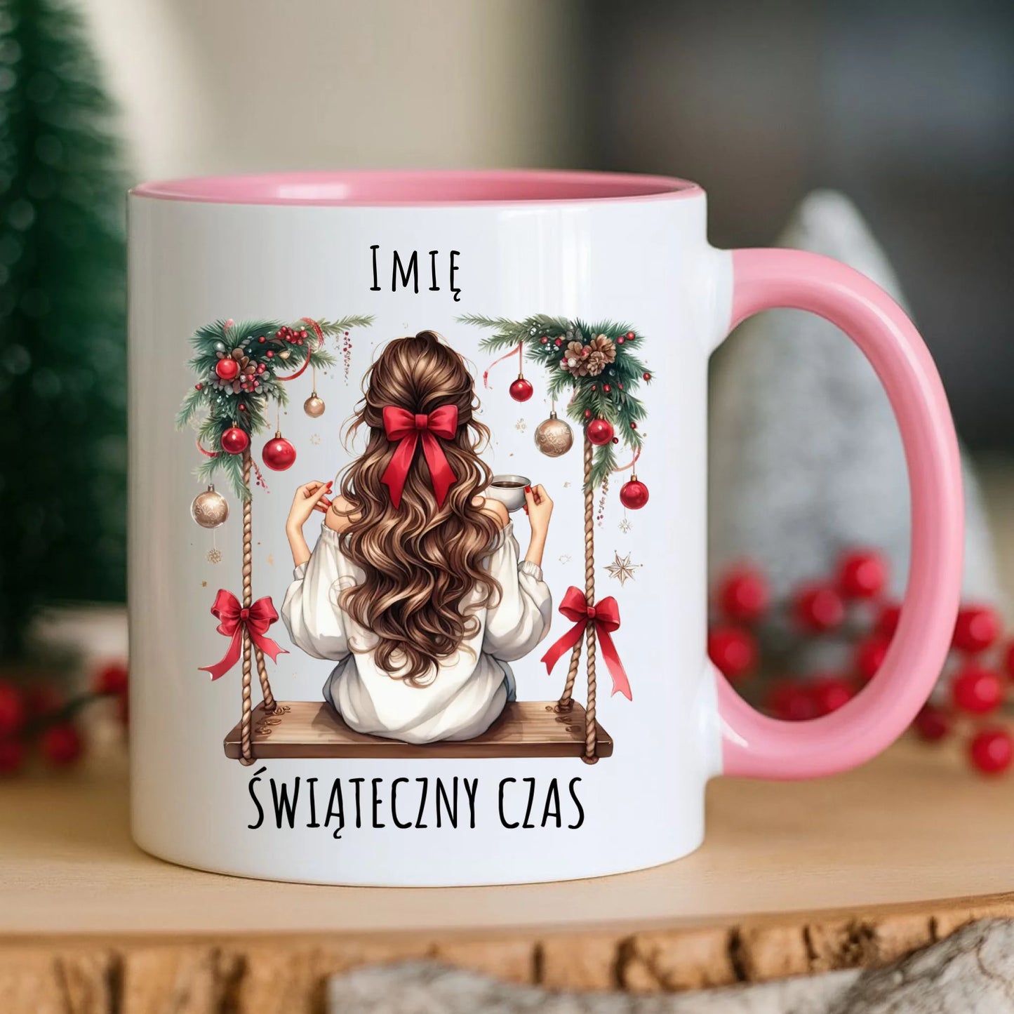 Kubek świąteczny - Dziewczyna na huśtawce - Świąteczny czas - personalizowany BN105 - StoryCups.pl