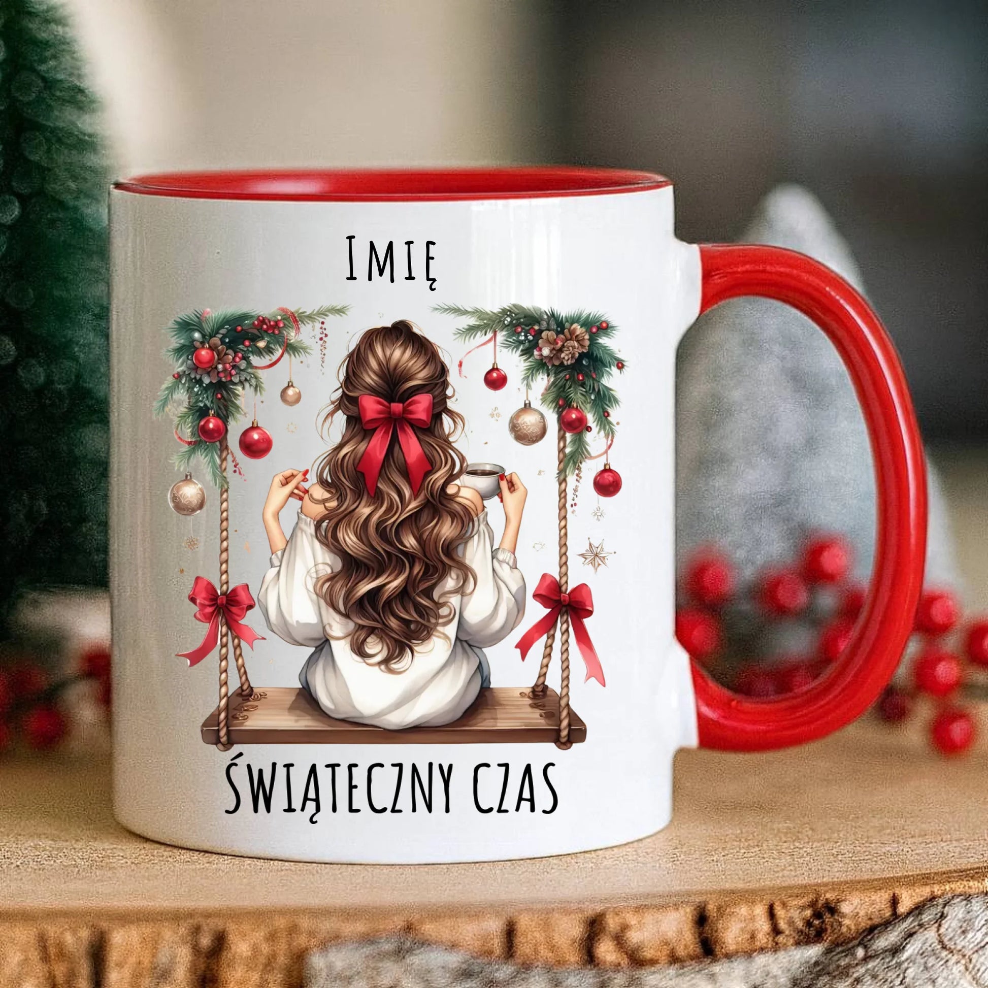 Kubek świąteczny - Dziewczyna na huśtawce - Świąteczny czas - personalizowany BN105 - StoryCups.pl