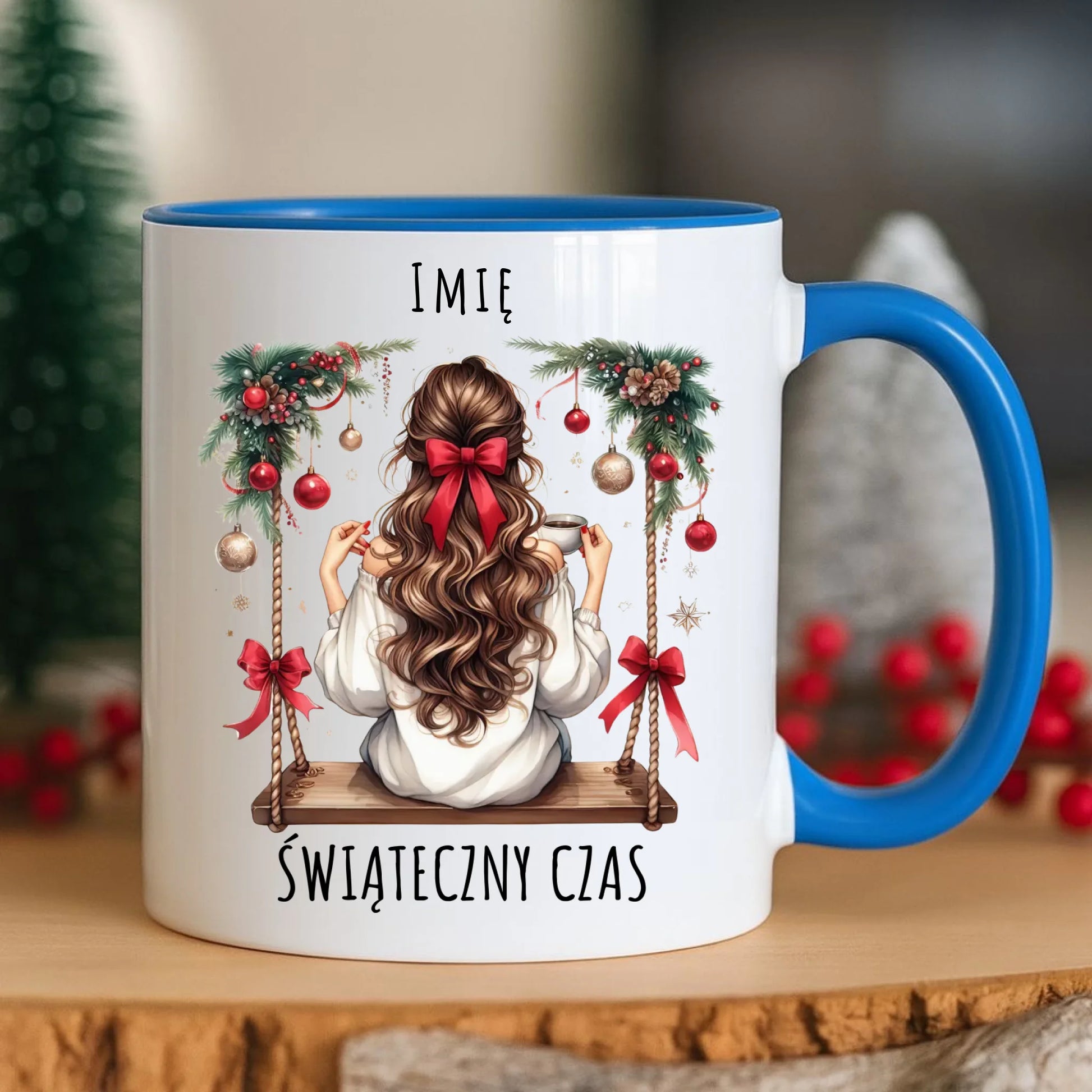 Kubek świąteczny - Dziewczyna na huśtawce - Świąteczny czas - personalizowany BN105 - StoryCups.pl