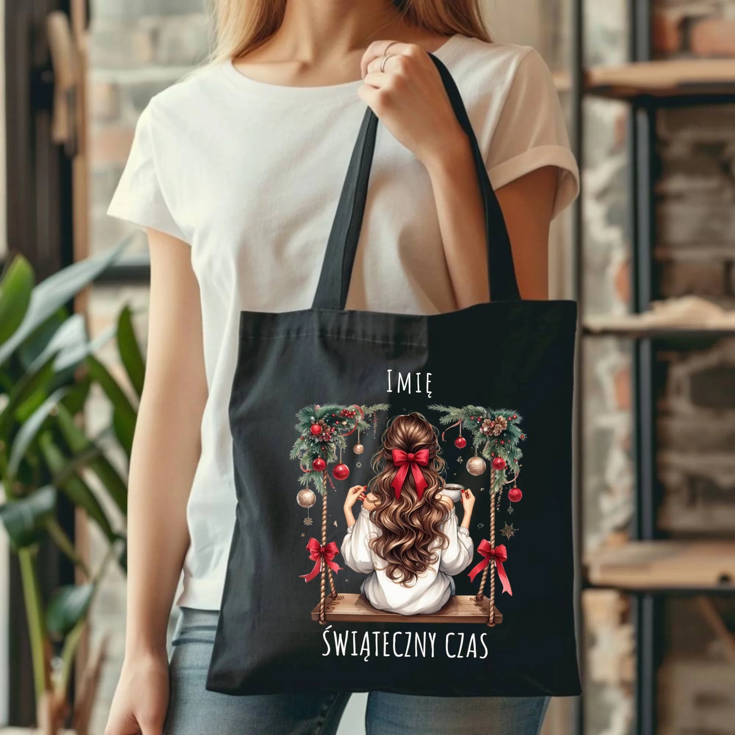 Torba świąteczna - Dziewczyna na huśtawce - Świąteczny czas - personalizowana BN105 - StoryCups.pl