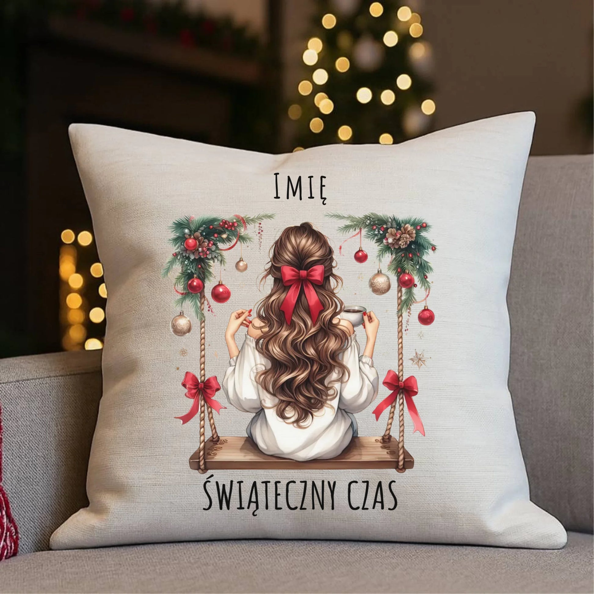Poduszka świąteczna - Dziewczyna na huśtawce - Świąteczny czas - personalizowana BN105 - StoryCups.pl