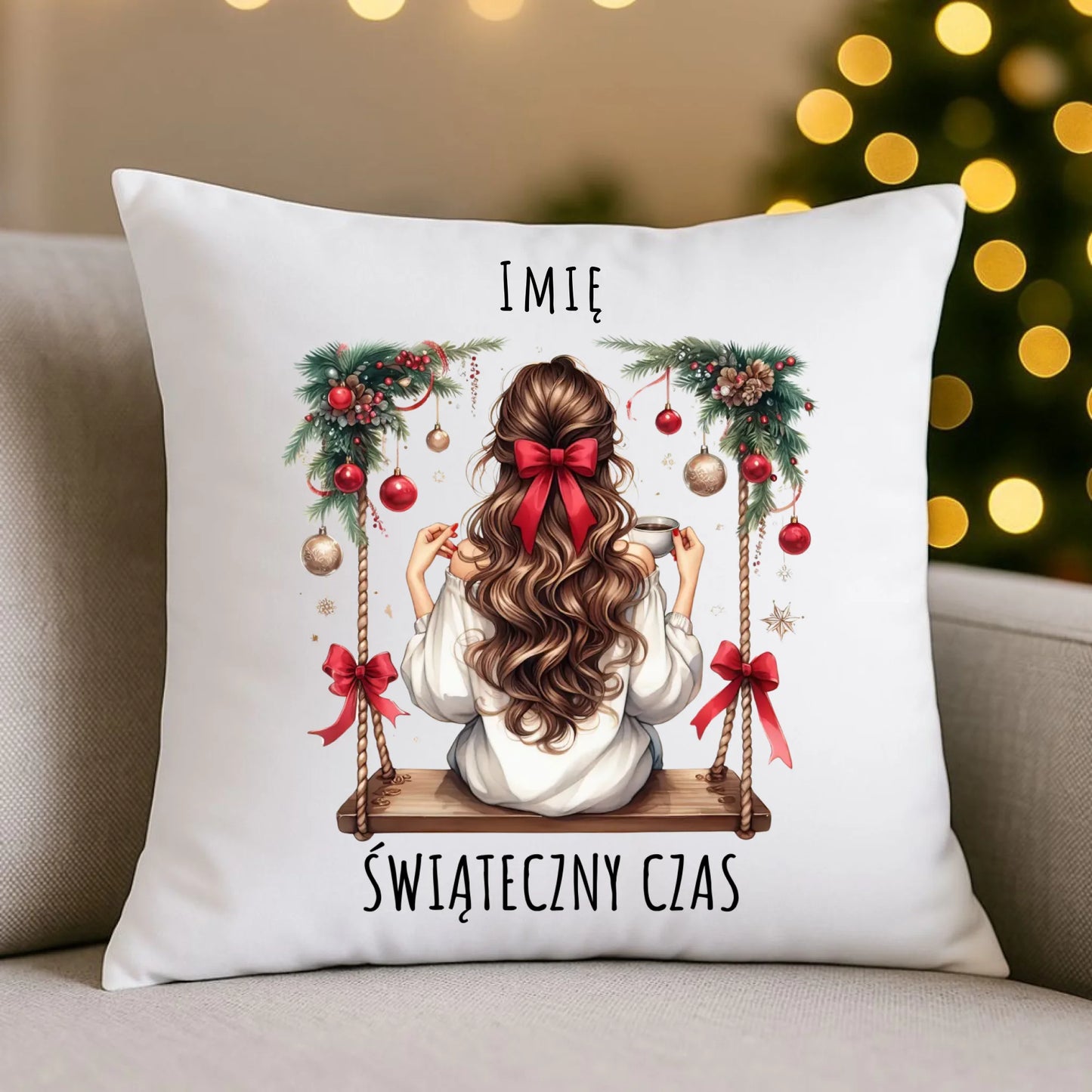 Poduszka świąteczna - Dziewczyna na huśtawce - Świąteczny czas - personalizowana BN105 - StoryCups.pl