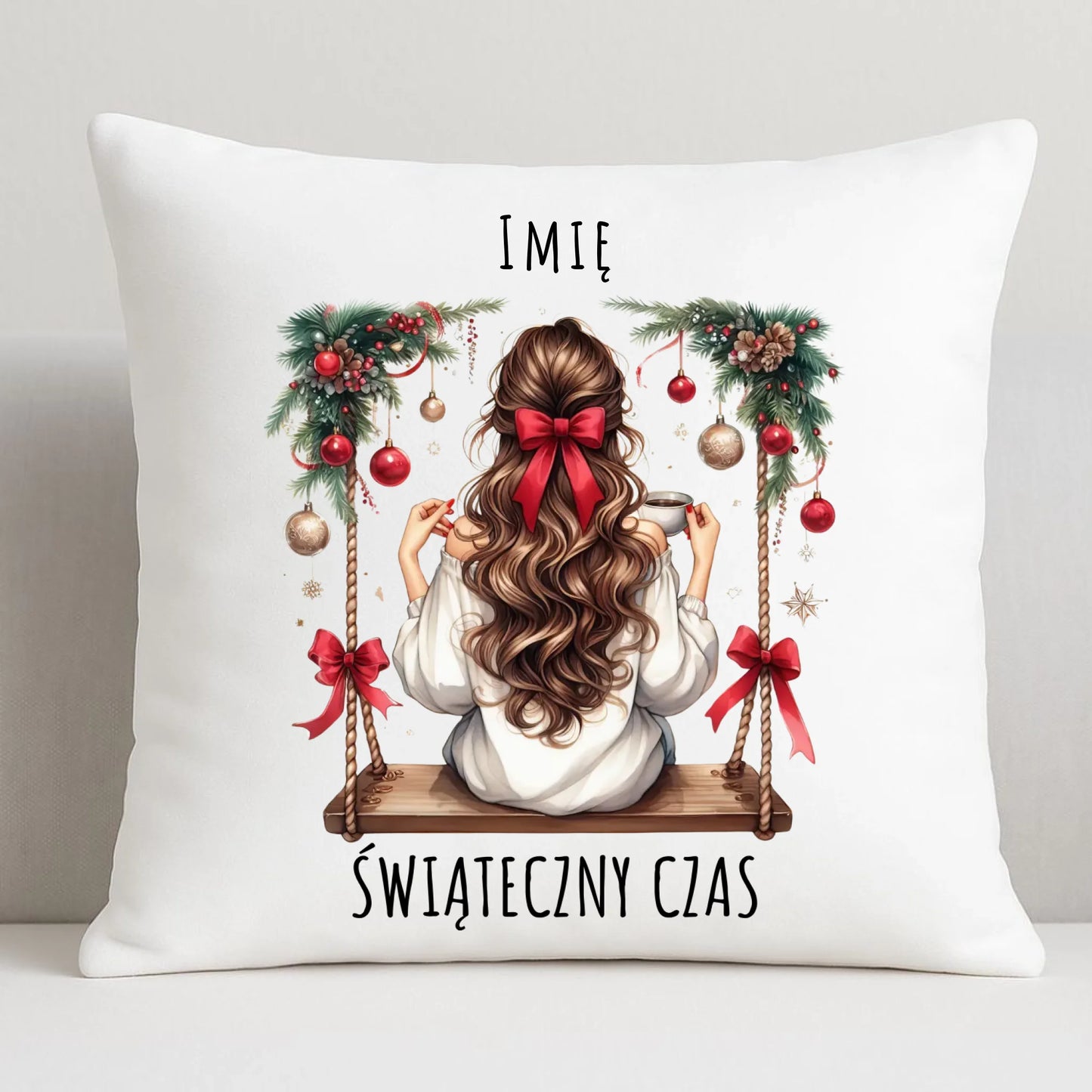 Poduszka świąteczna - Dziewczyna na huśtawce - Świąteczny czas - personalizowana BN105 - StoryCups.pl