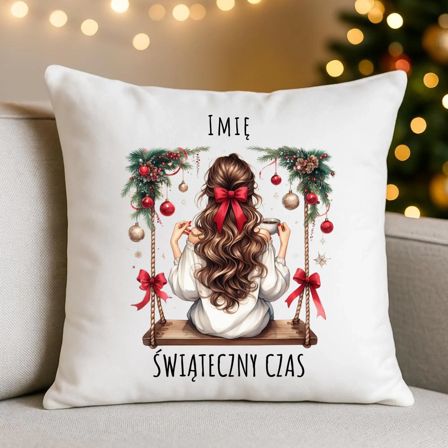 Poduszka świąteczna - Dziewczyna na huśtawce - Świąteczny czas - personalizowana BN105 - StoryCups.pl