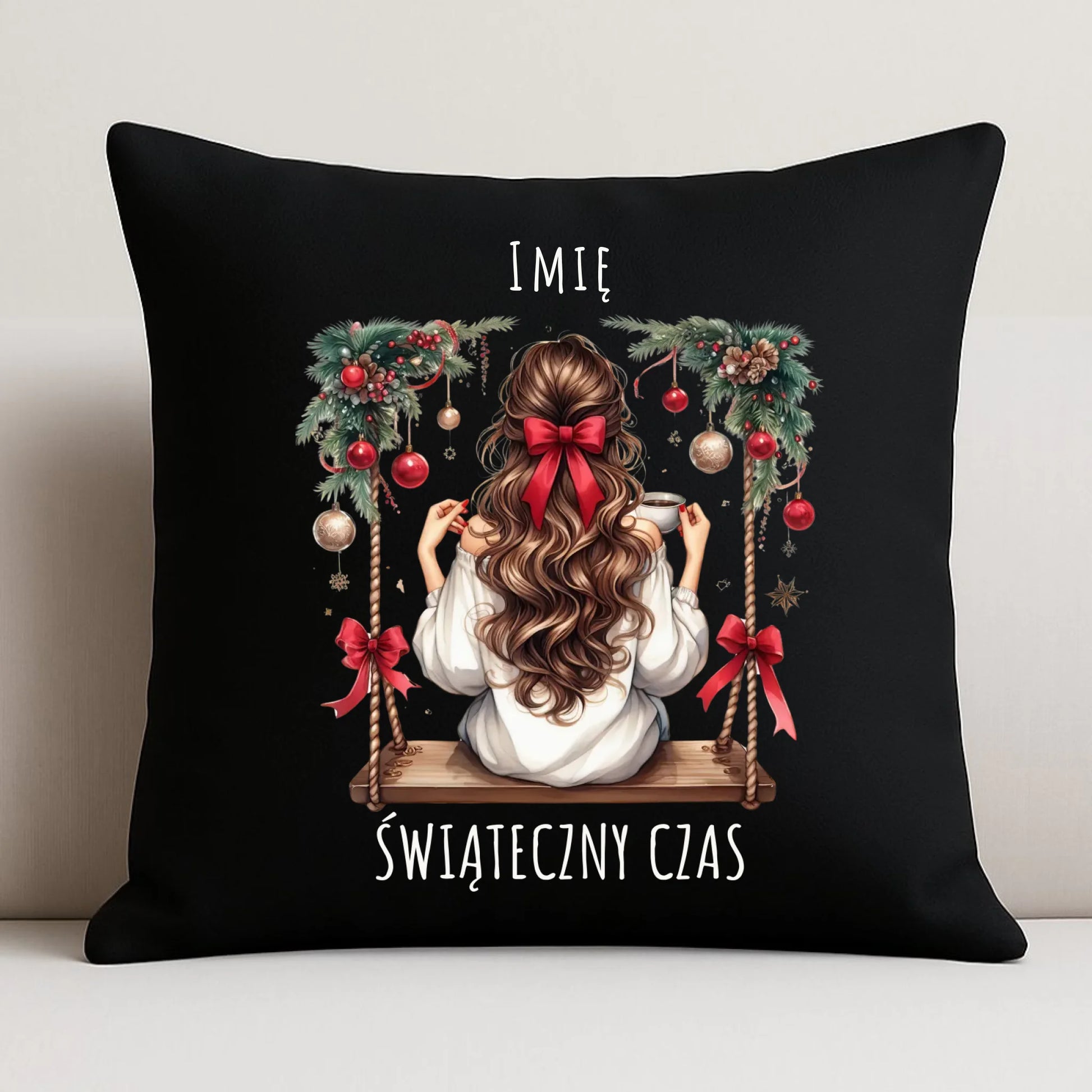 Poduszka dekoracyjna świąteczna - Dziewczyna na huśtawce - Świąteczny czas - personalizowana BN105 - StoryCups.pl