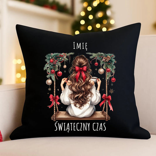 Poduszka dekoracyjna świąteczna - Dziewczyna na huśtawce - Świąteczny czas - personalizowana BN105 - StoryCups.pl