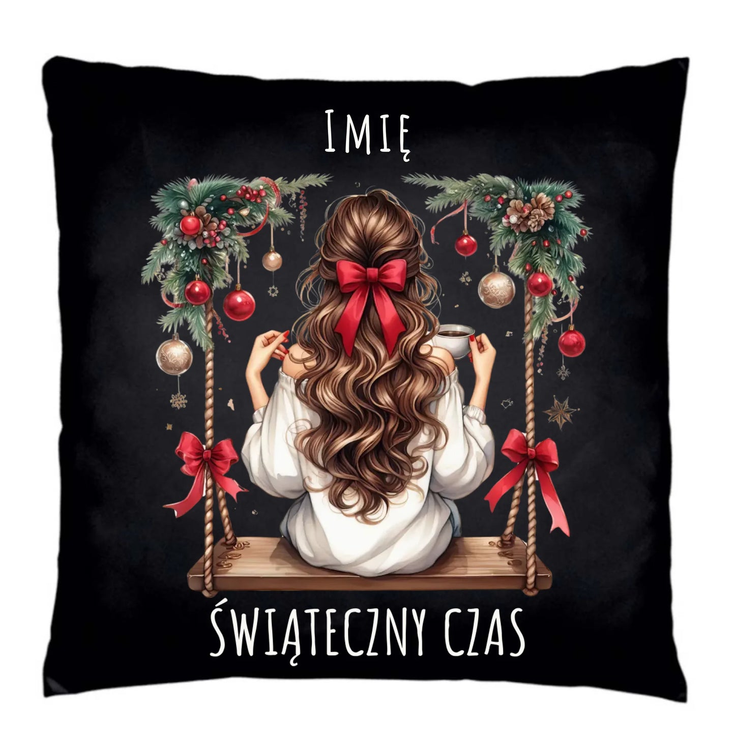 Poduszka dekoracyjna świąteczna - Dziewczyna na huśtawce - Świąteczny czas - personalizowana BN105 - StoryCups.pl