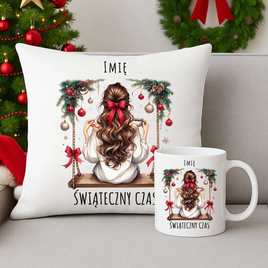 Zestaw poduszka i kubek świąteczny - Dziewczyna na huśtawce - Świąteczny czas - personalizowany BN105 - StoryCups.pl