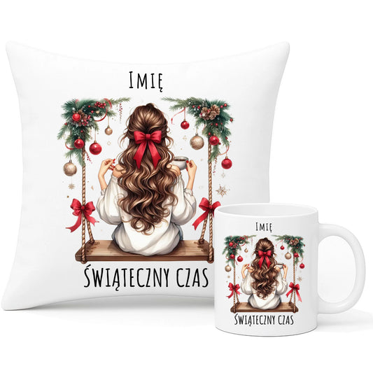 Zestaw poduszka i kubek świąteczny - Dziewczyna na huśtawce - Świąteczny czas - personalizowany BN105 - StoryCups.pl