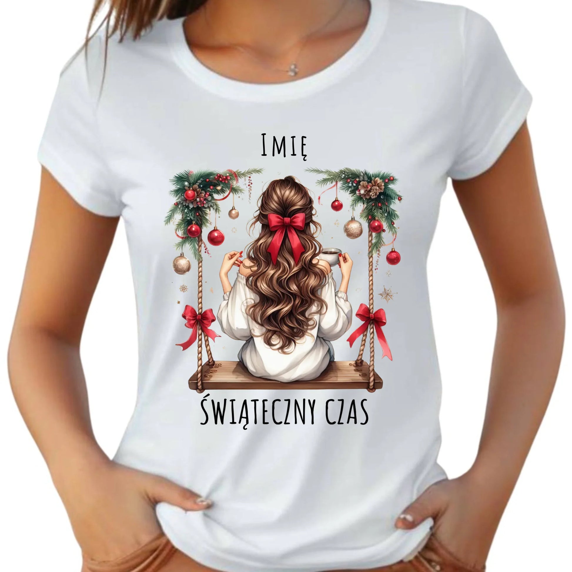 Koszulka damska świąteczna - Dziewczyna na huśtawce - Świąteczny czas - personalizowana BN105 - StoryCups.pl