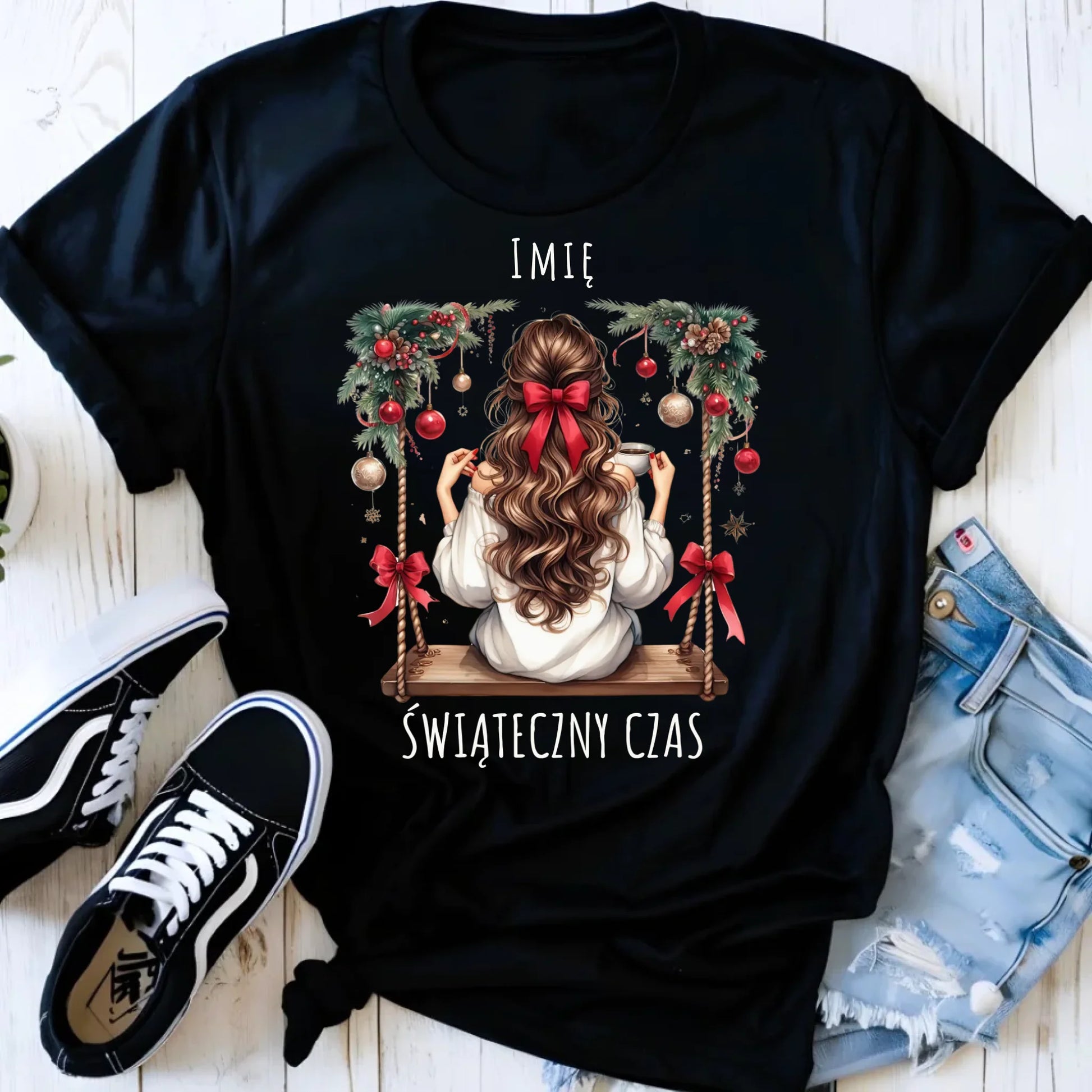 Koszulka damska świąteczna - Dziewczyna na huśtawce - Świąteczny czas - personalizowana BN105 - StoryCups.pl