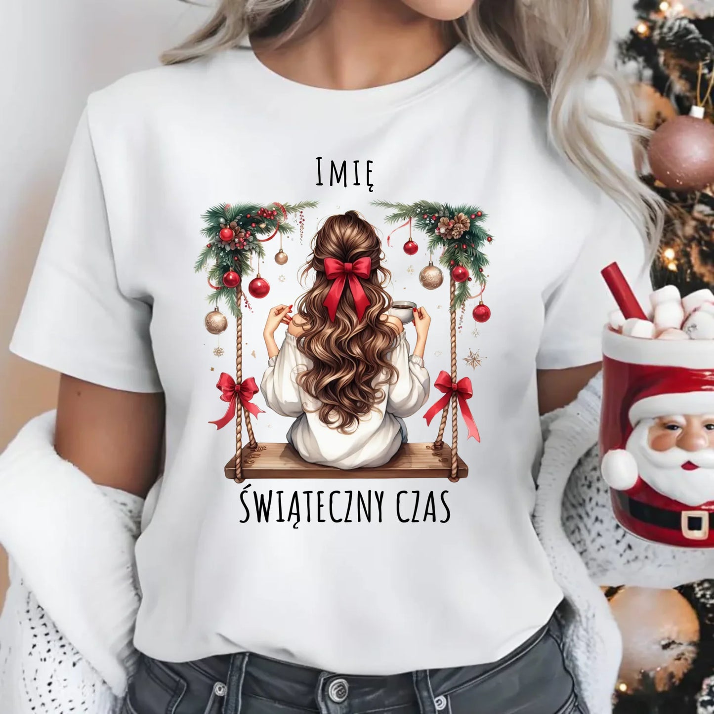Koszulka damska świąteczna - Dziewczyna na huśtawce - Świąteczny czas - personalizowana BN105 - StoryCups.pl