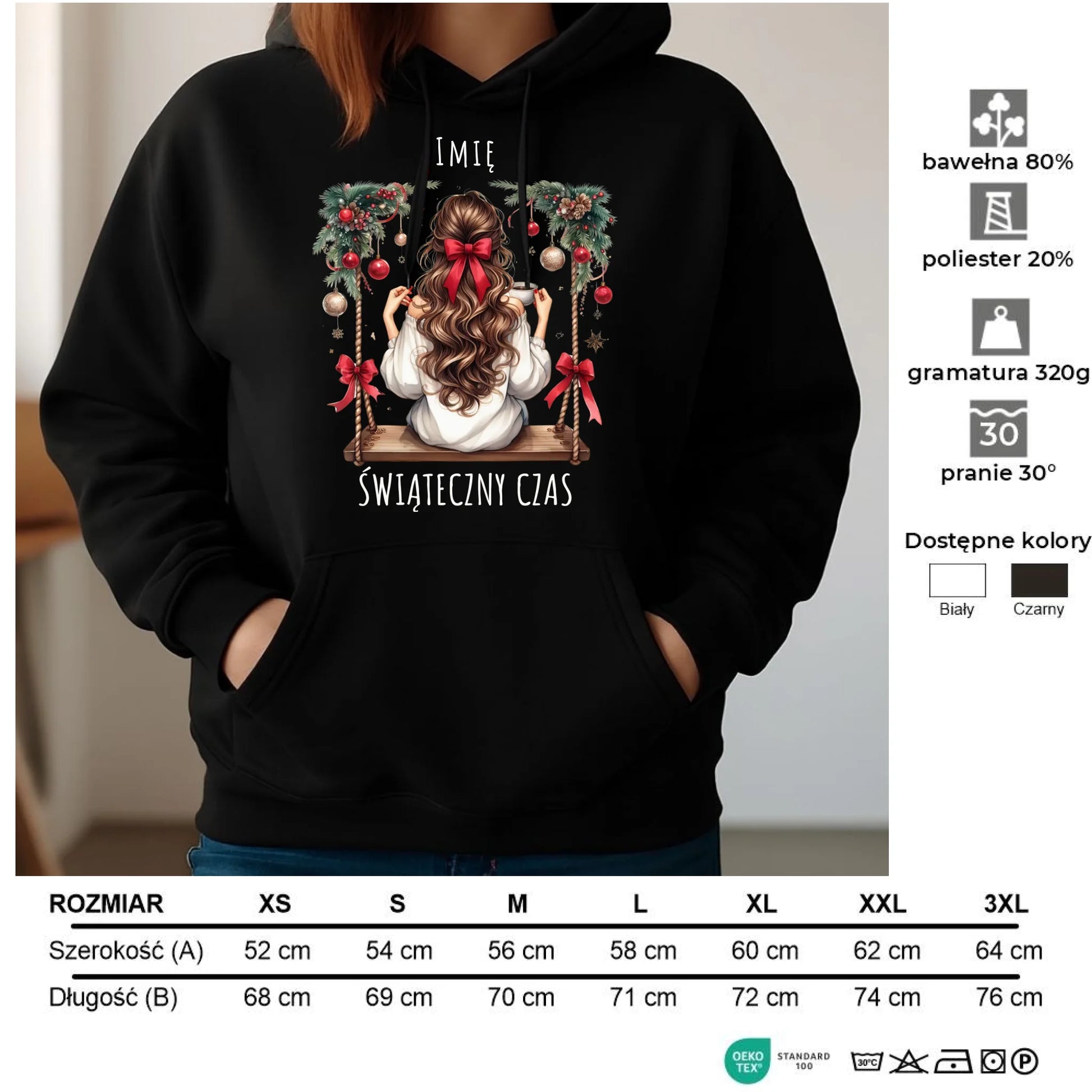 Bluza damska z kapturem świąteczna - Dziewczyna na huśtawce - Świąteczny czas - personalizowana BN105 - StoryCups.pl
