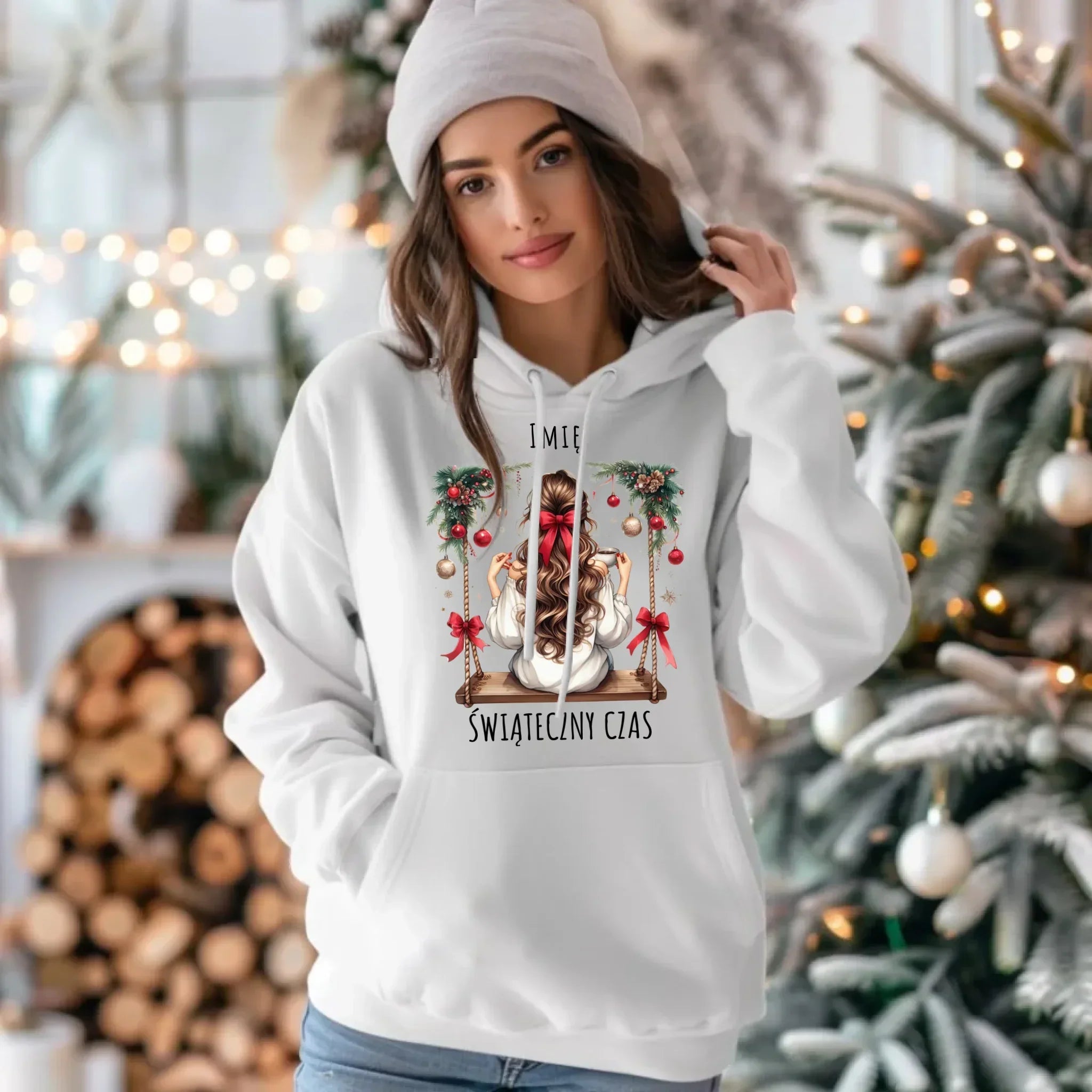 Bluza damska z kapturem świąteczna - Dziewczyna na huśtawce - Świąteczny czas - personalizowana BN105 - StoryCups.pl