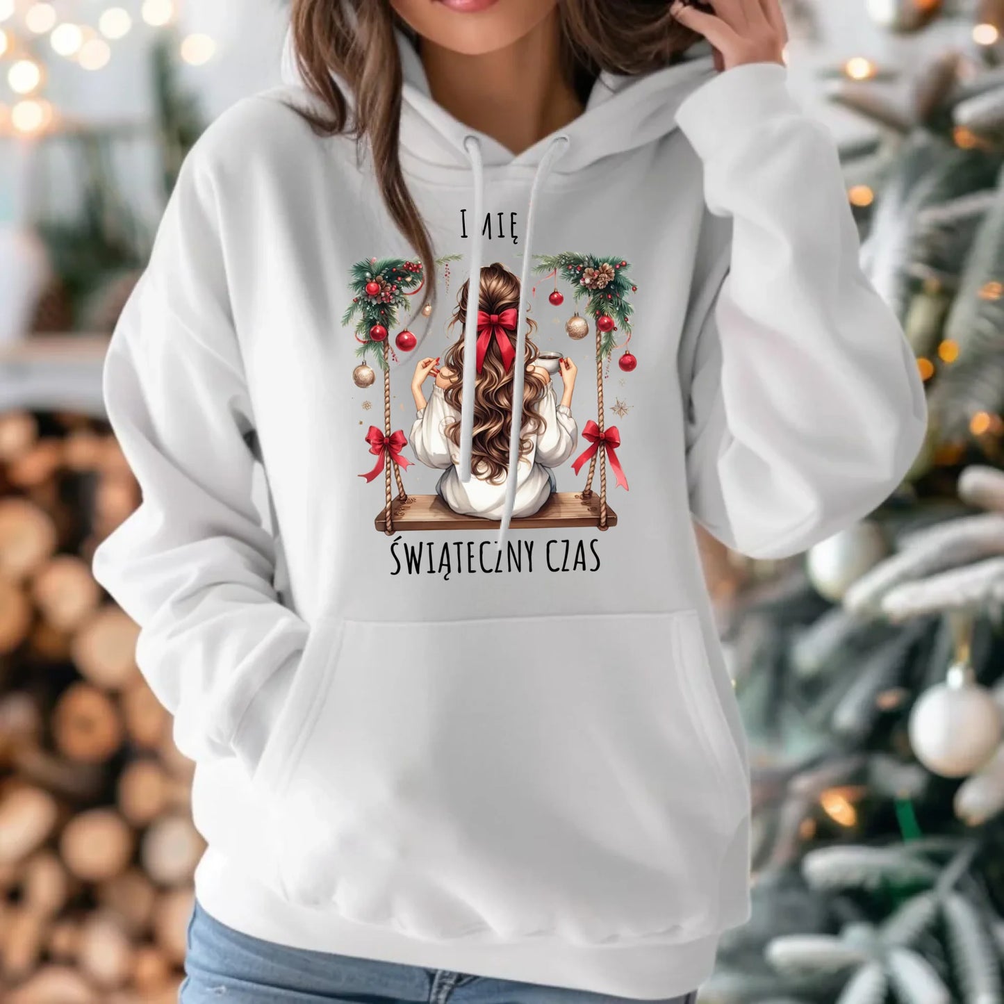 Bluza damska z kapturem świąteczna - Dziewczyna na huśtawce - Świąteczny czas - personalizowana BN105 - StoryCups.pl