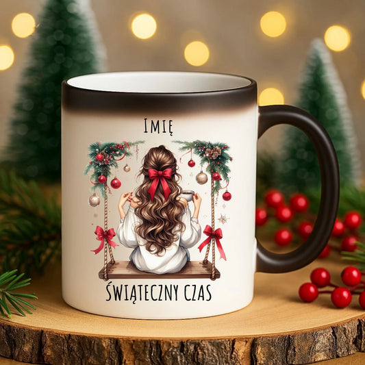 Kubek magiczny świąteczny - Dziewczyna na huśtawce - Świąteczny czas - personalizowany BN105 - StoryCups.pl