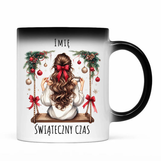 Kubek magiczny świąteczny - Dziewczyna na huśtawce - Świąteczny czas - personalizowany BN105 - StoryCups.pl