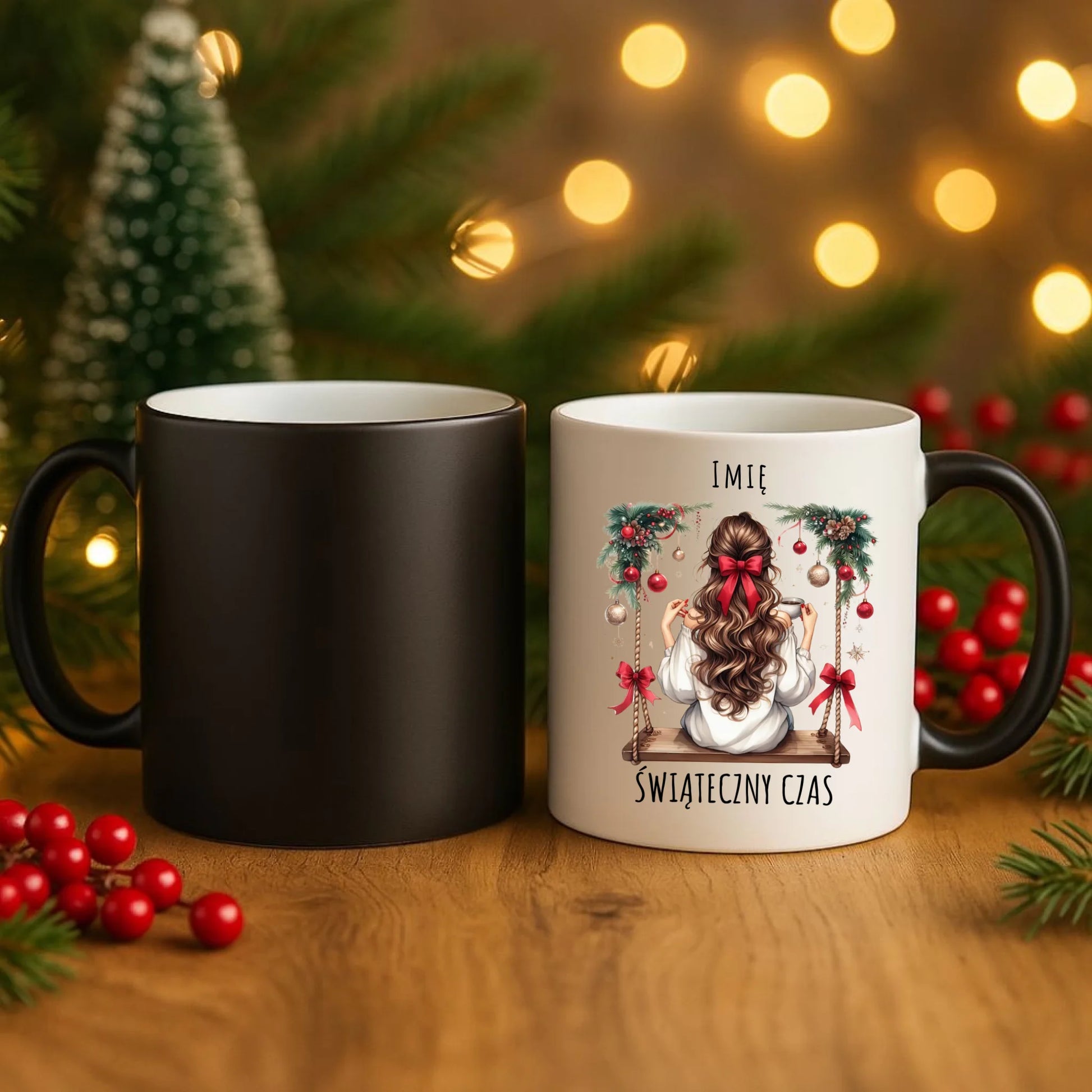 Kubek magiczny świąteczny - Dziewczyna na huśtawce - Świąteczny czas - personalizowany BN105 - StoryCups.pl