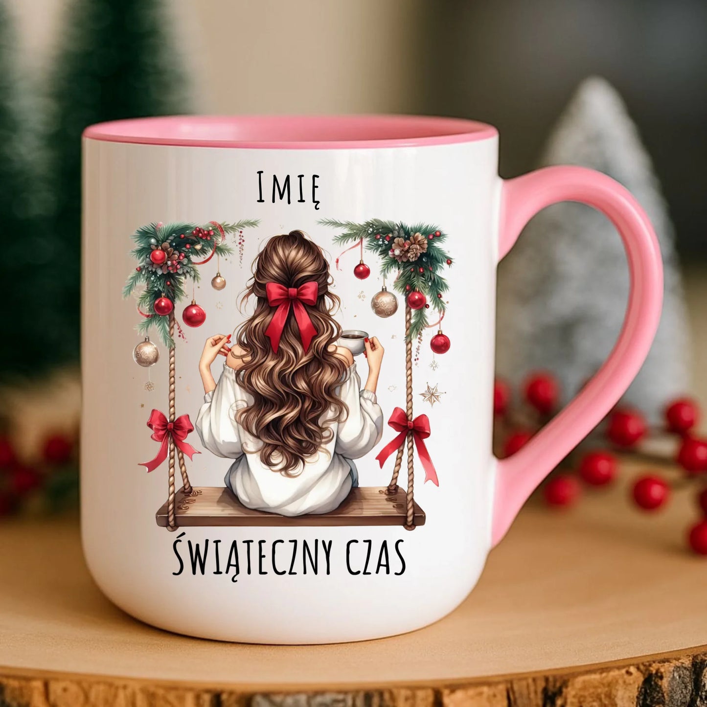 Kubek elegant świąteczny - Dziewczyna na huśtawce - Świąteczny czas - personalizowany BN105 - StoryCups.pl