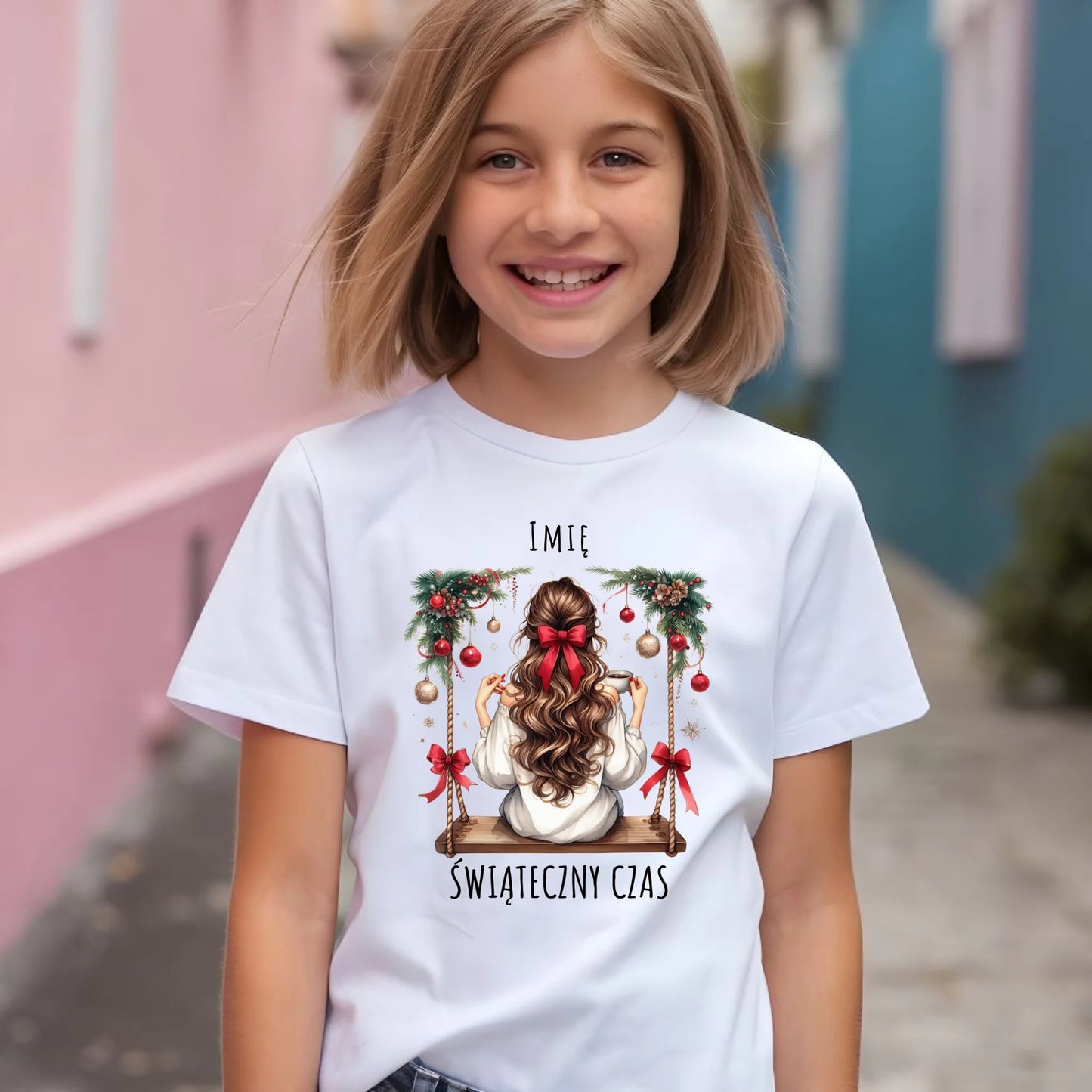 Koszulka dziecięca świąteczna - Dziewczyna na huśtawce - Świąteczny czas - personalizowana BN105