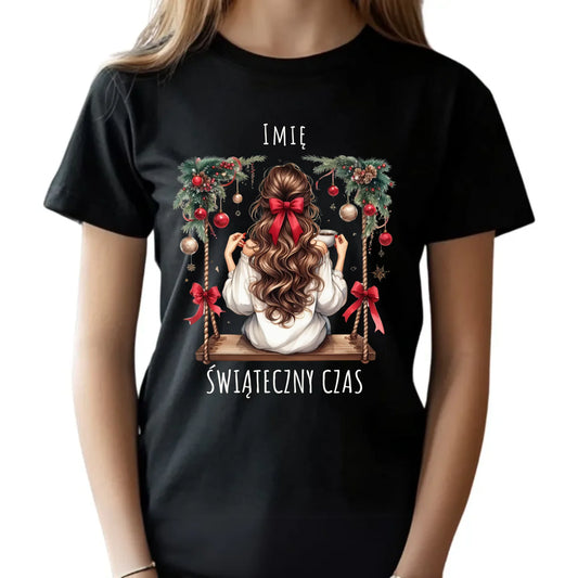 Koszulka dziecięca świąteczna - Dziewczyna na huśtawce - Świąteczny czas - personalizowana BN105