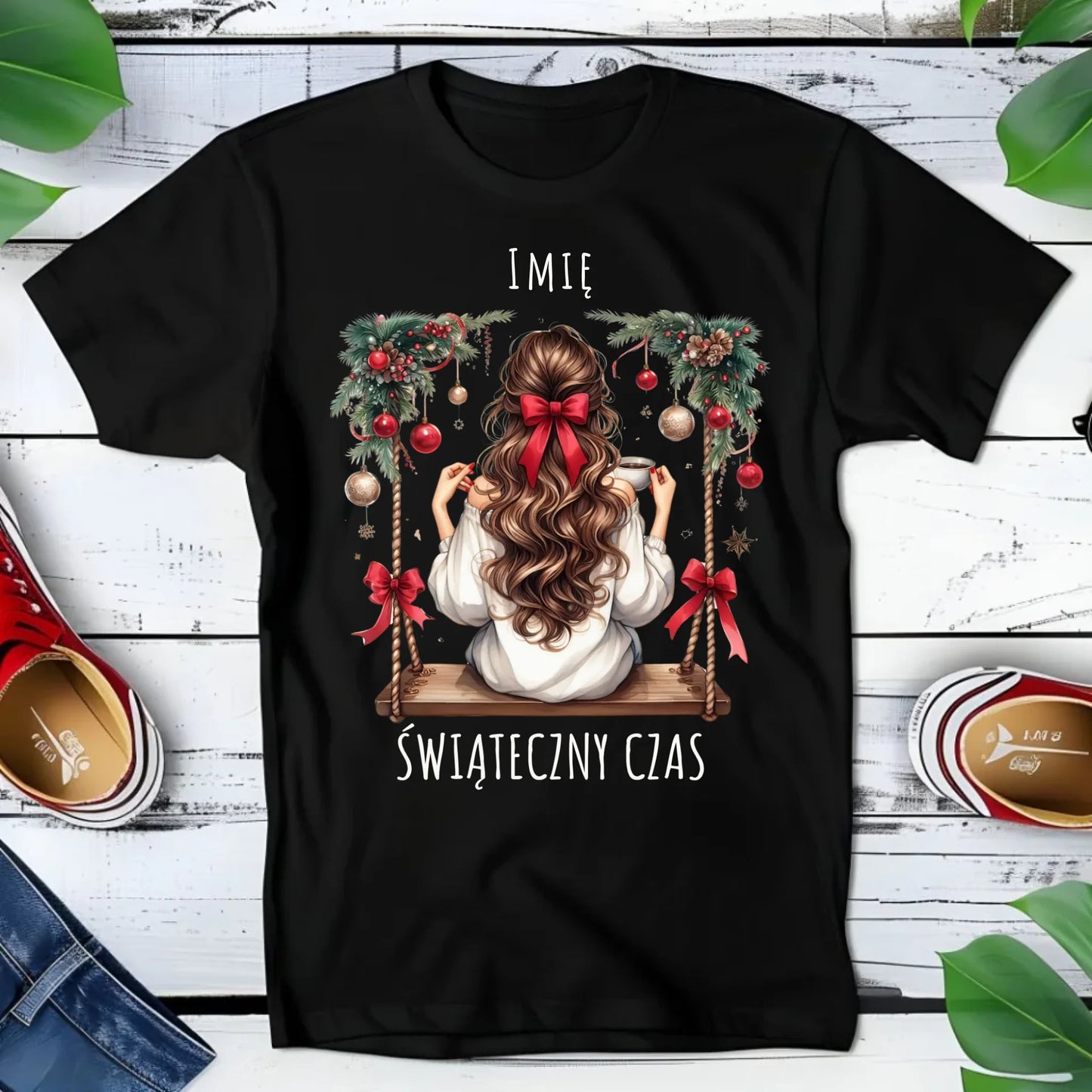 Koszulka dziecięca świąteczna - Dziewczyna na huśtawce - Świąteczny czas - personalizowana BN105