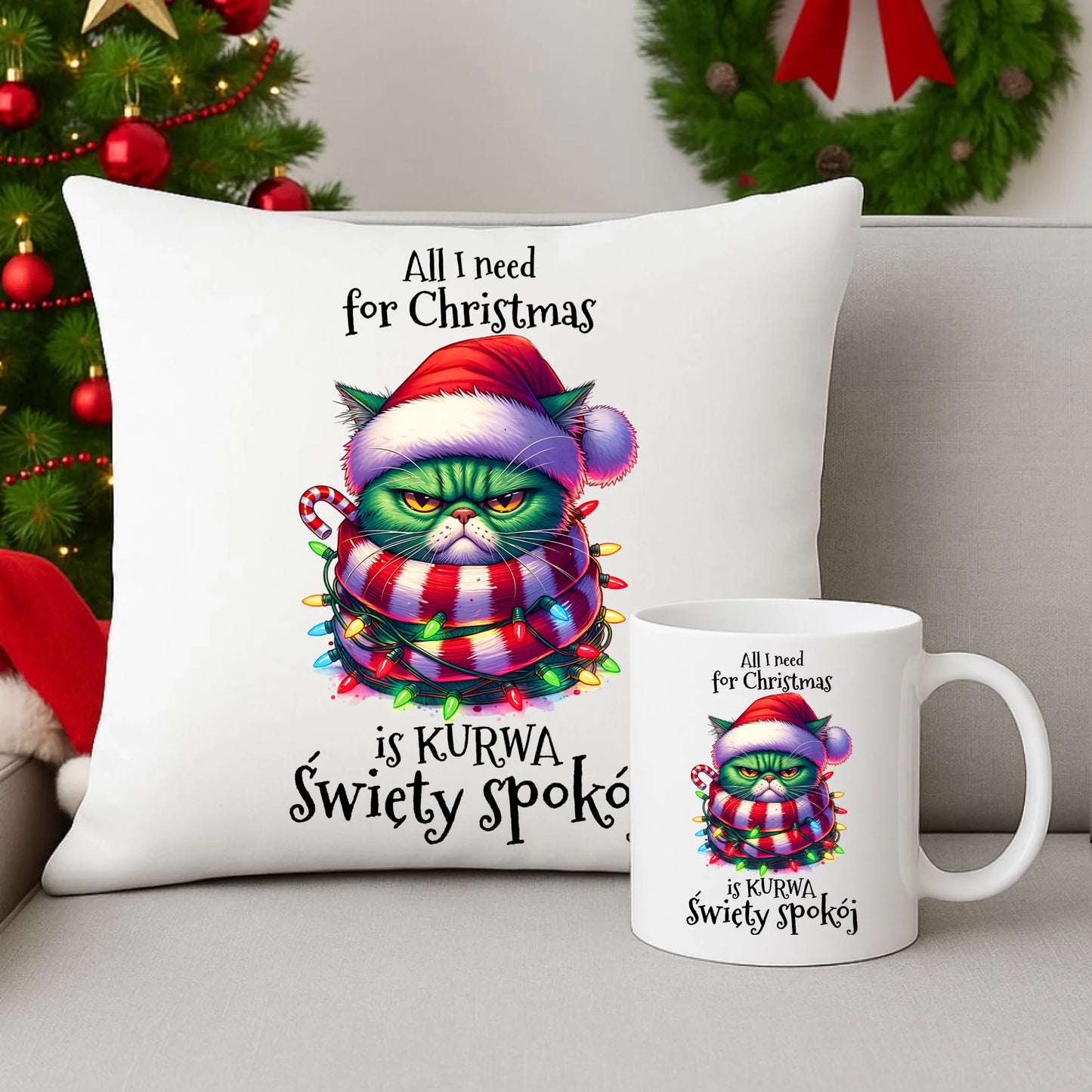 Zestaw poduszka i kubek świąteczny - All I need for Christmas is ku*wa święty spokój - bez cenzury BN101 - StoryCups.pl