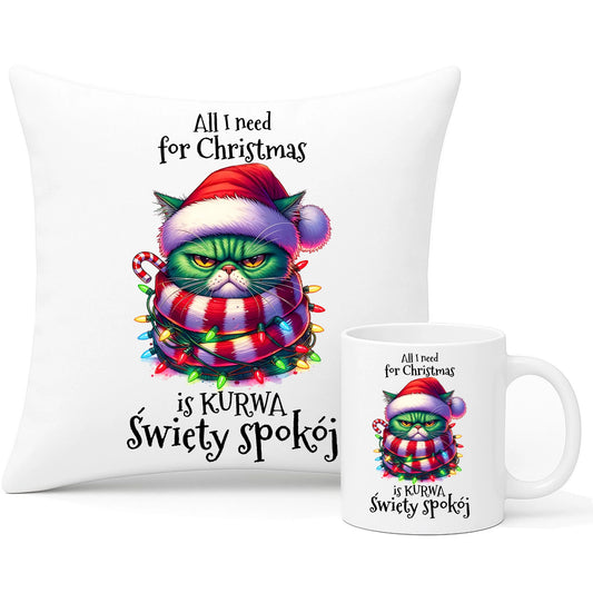 Zestaw poduszka i kubek świąteczny - All I need for Christmas is ku*wa święty spokój - bez cenzury BN101 - StoryCups.pl