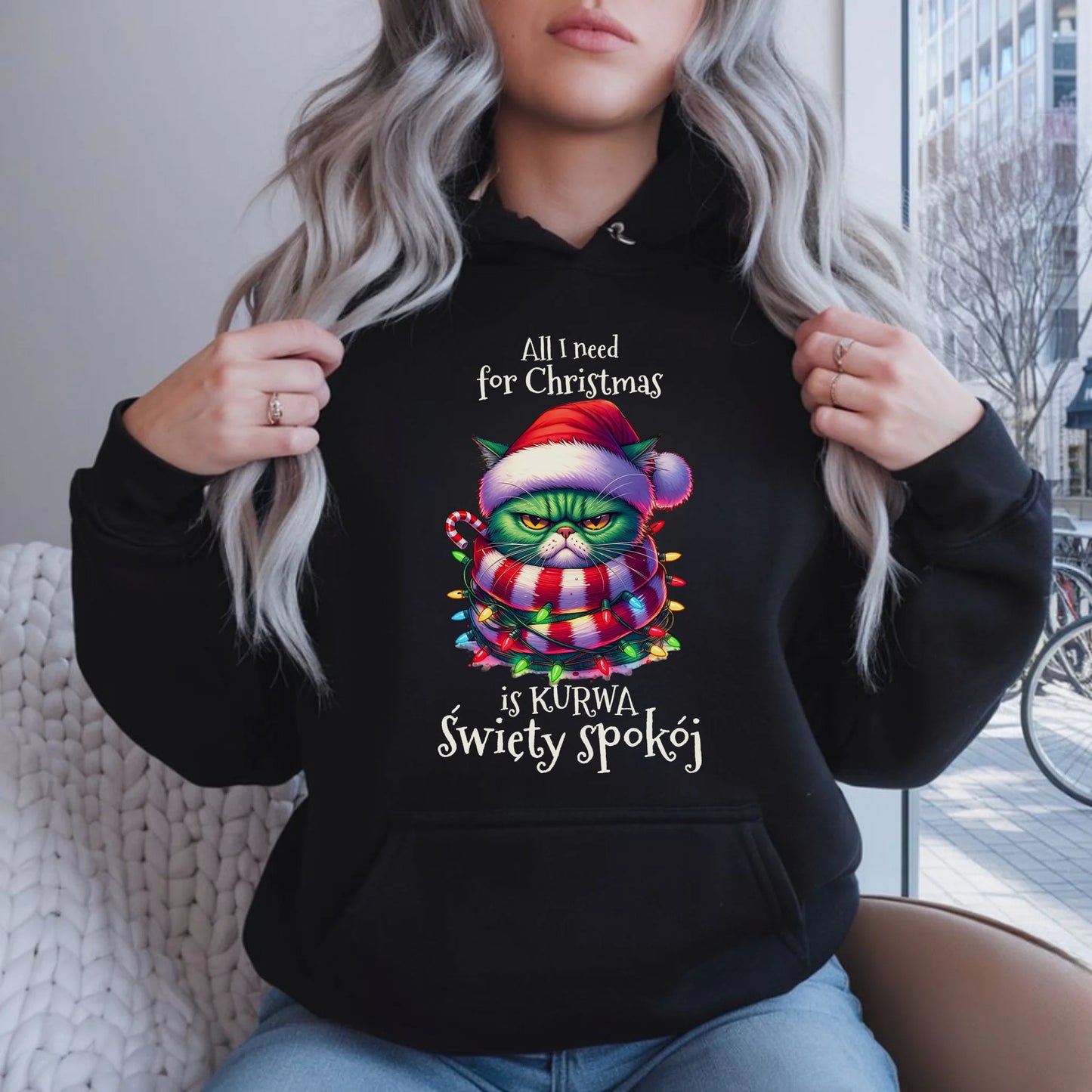 Bluza damska z kapturem świąteczna - All I need for Christmas is ku*wa święty spokój - bez cenzury BN101 - StoryCups.pl