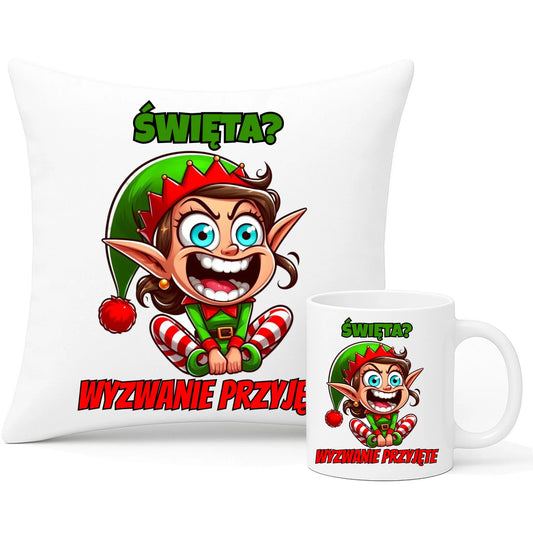 Zestaw poduszka i kubek świąteczny - Skrzat Wyzwanie przyjęte BN100