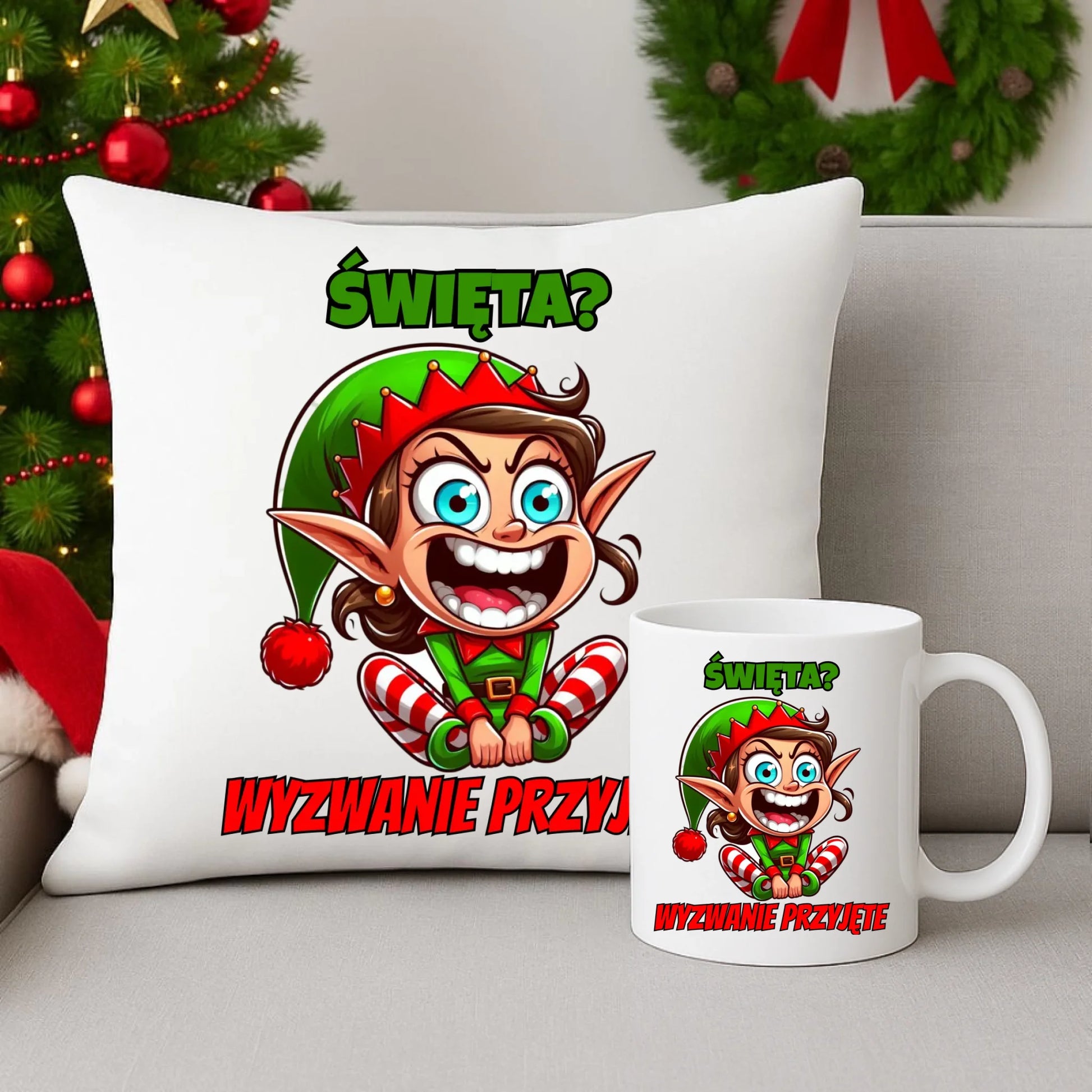 Zestaw poduszka i kubek świąteczny - Skrzat Wyzwanie przyjęte BN100 - StoryCups.pl