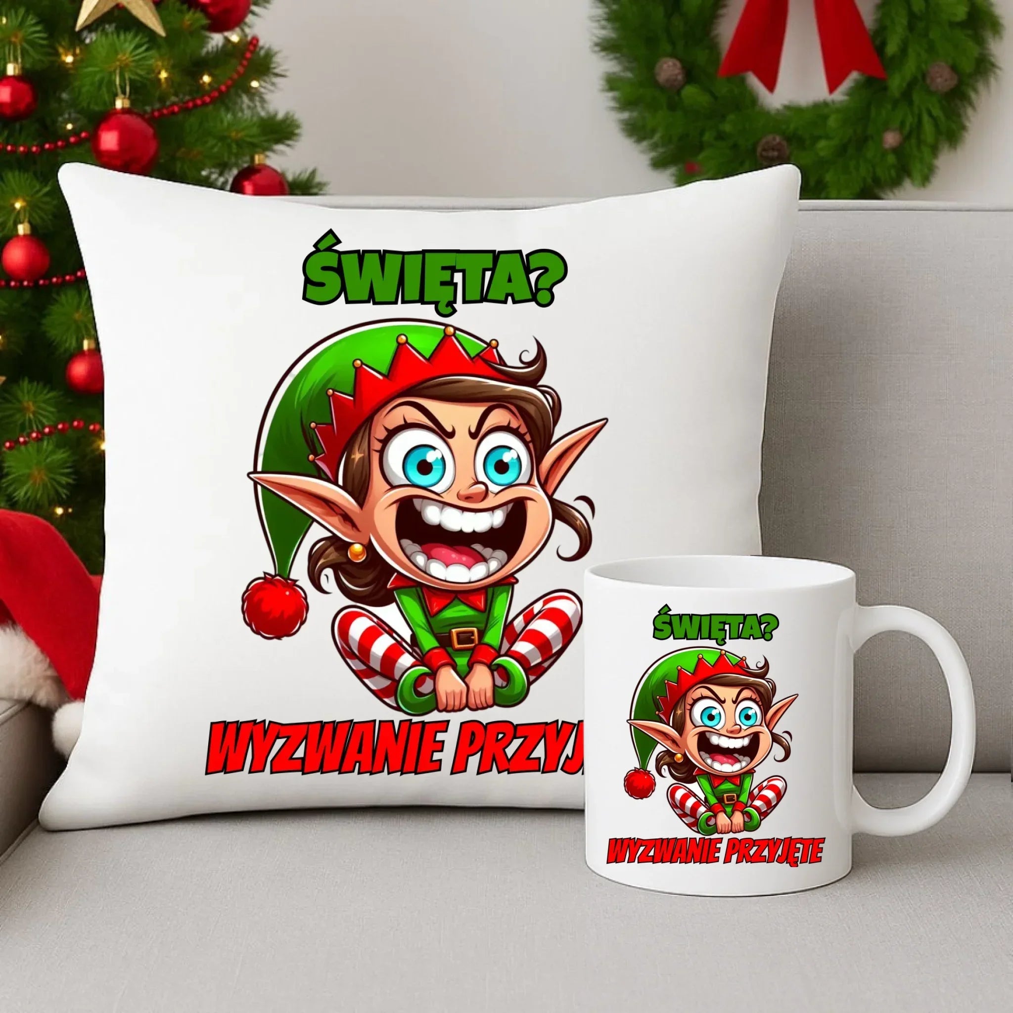 Zestaw poduszka i kubek świąteczny - Skrzat Wyzwanie przyjęte BN100 - StoryCups.pl