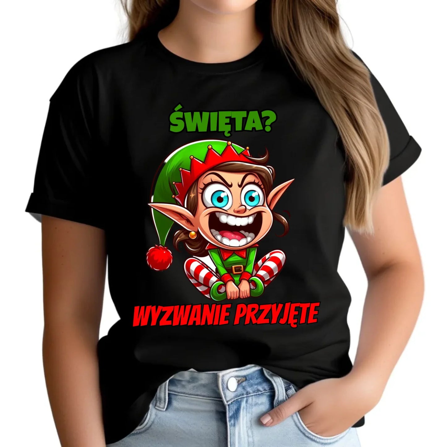 Koszulka damska świąteczna - Skrzat Wyzwanie przyjęte BN100 - StoryCups.pl