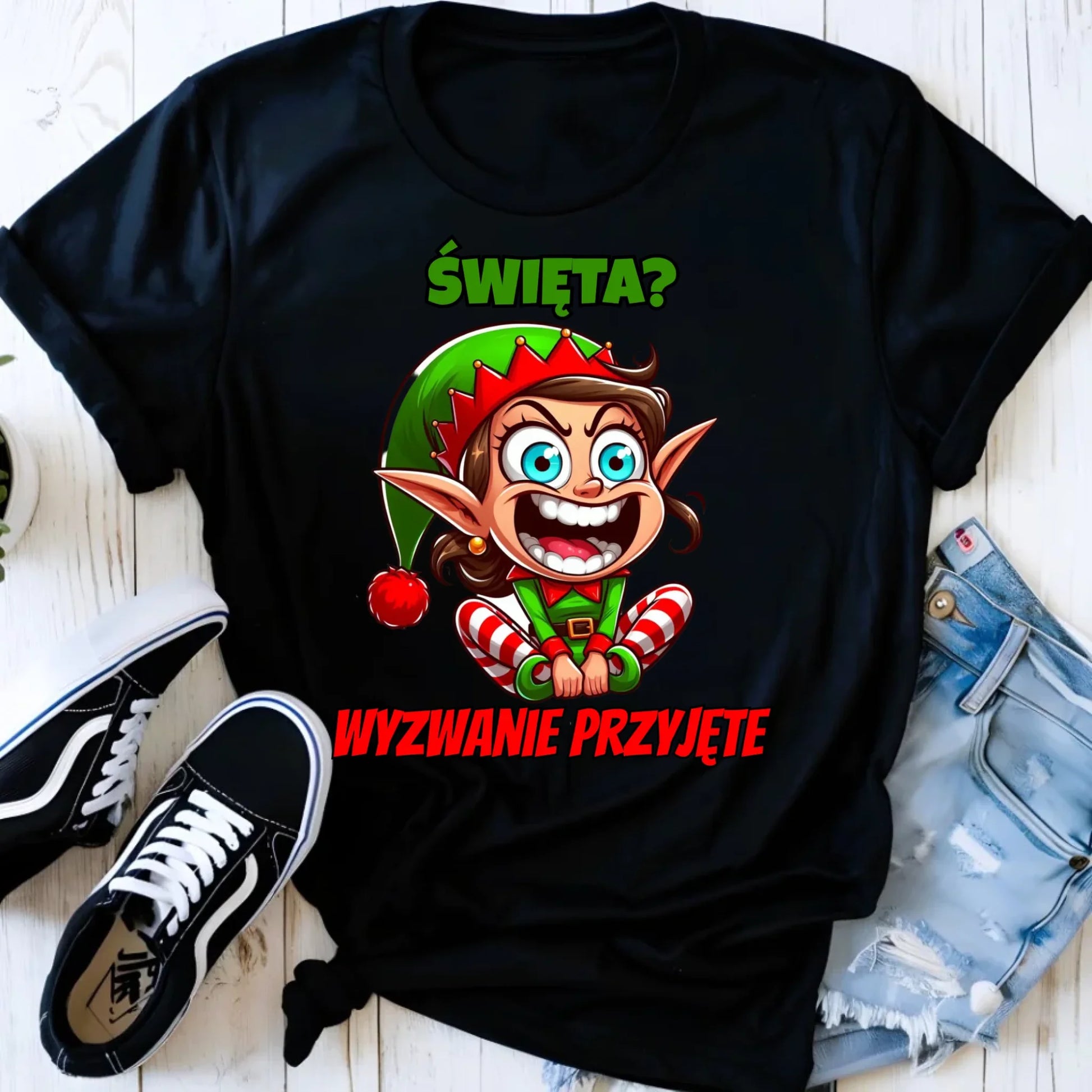 Koszulka damska świąteczna - Skrzat Wyzwanie przyjęte BN100 - StoryCups.pl