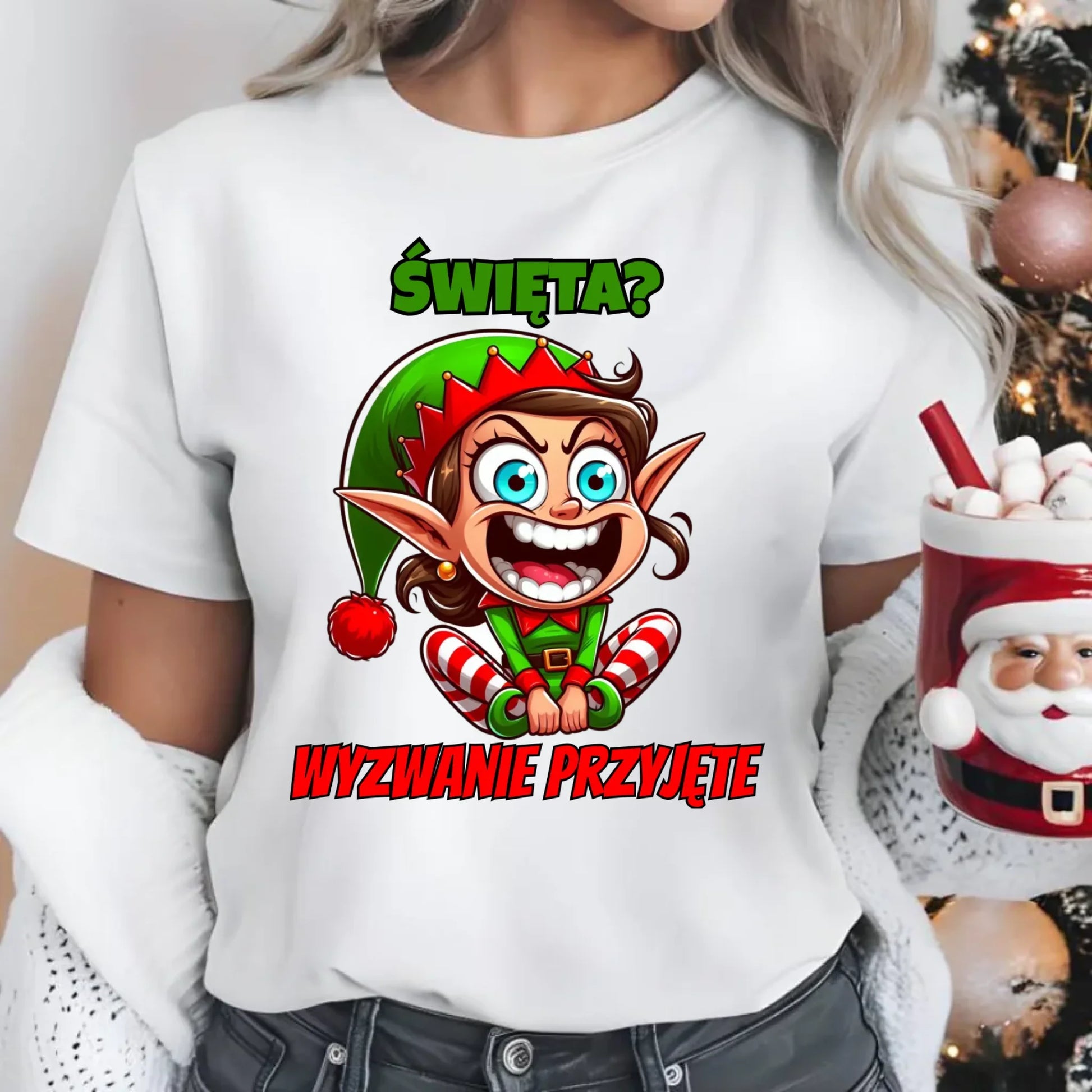 Koszulka damska świąteczna - Skrzat Wyzwanie przyjęte BN100 - StoryCups.pl