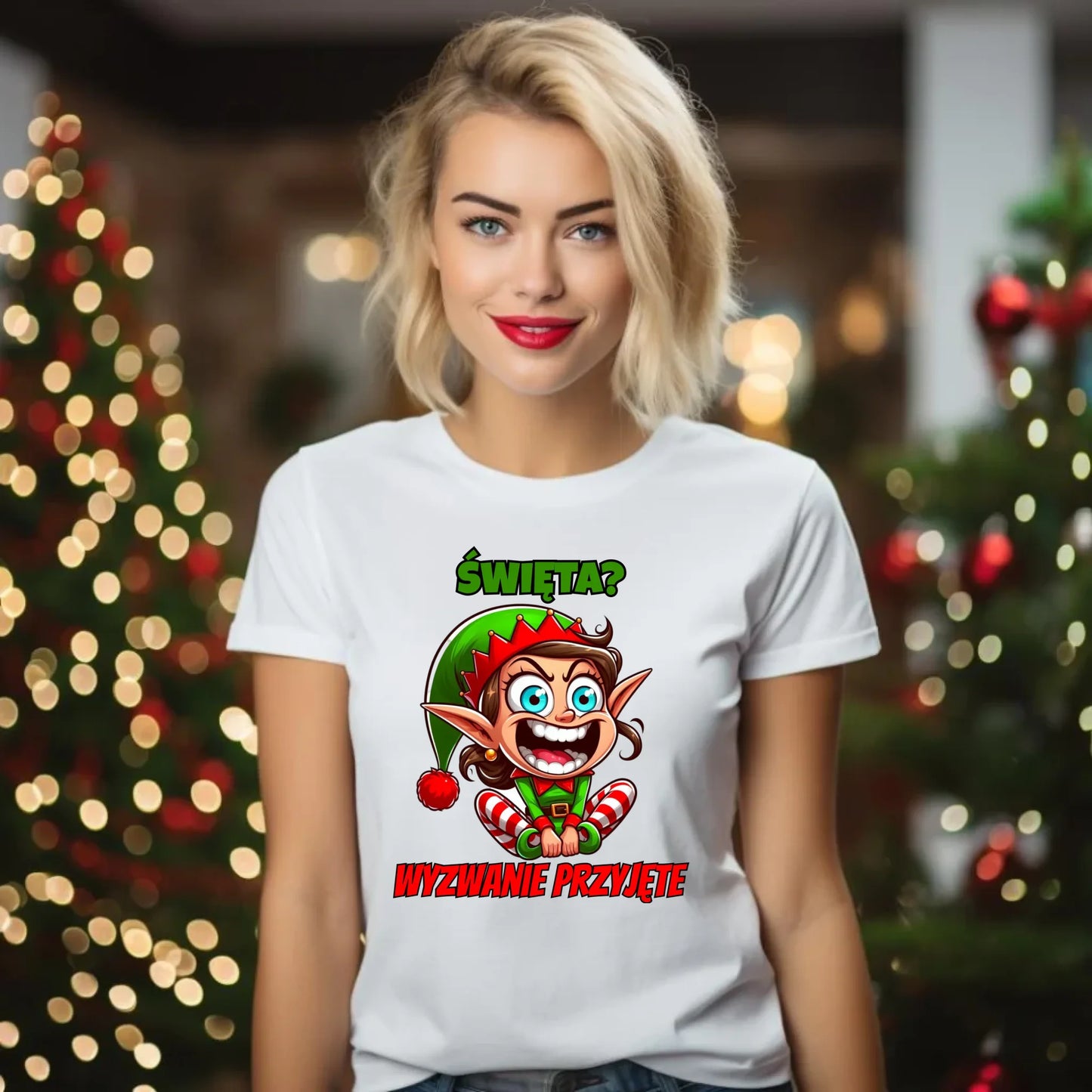 Koszulka damska świąteczna - Skrzat Wyzwanie przyjęte BN100 - StoryCups.pl