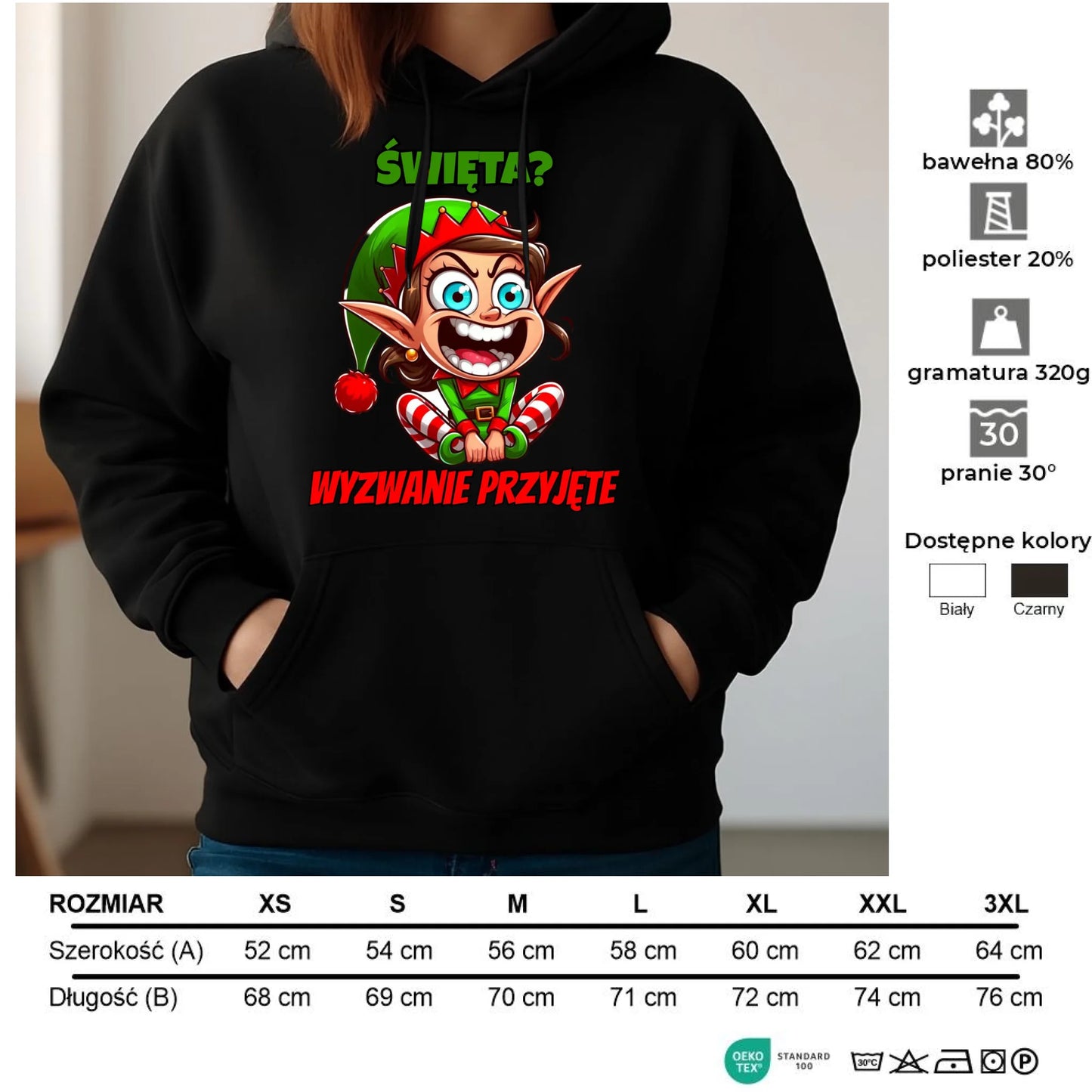 Bluza damska z kapturem świąteczna - Skrzat Wyzwanie przyjęte BN100