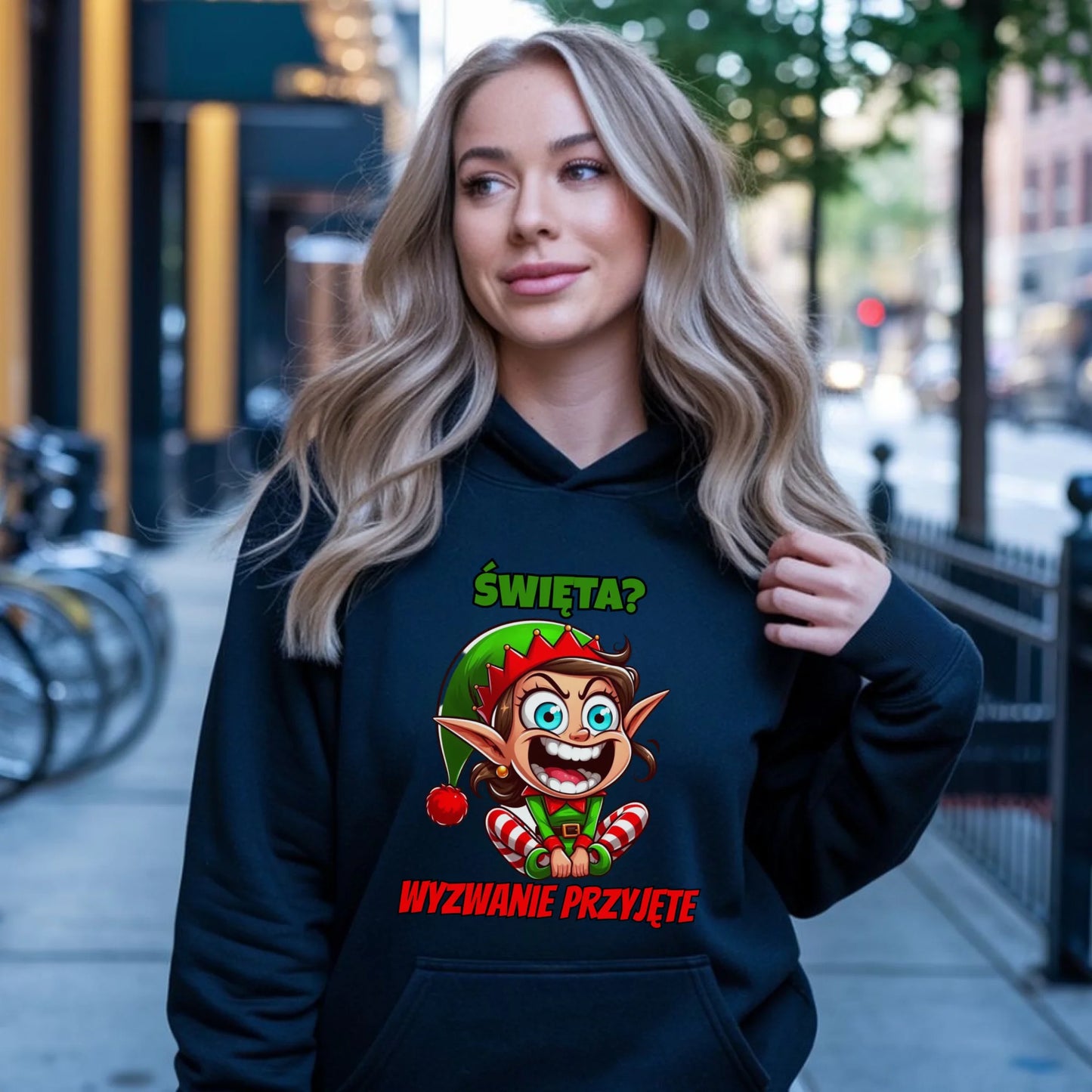 Bluza damska z kapturem świąteczna - Skrzat Wyzwanie przyjęte BN100