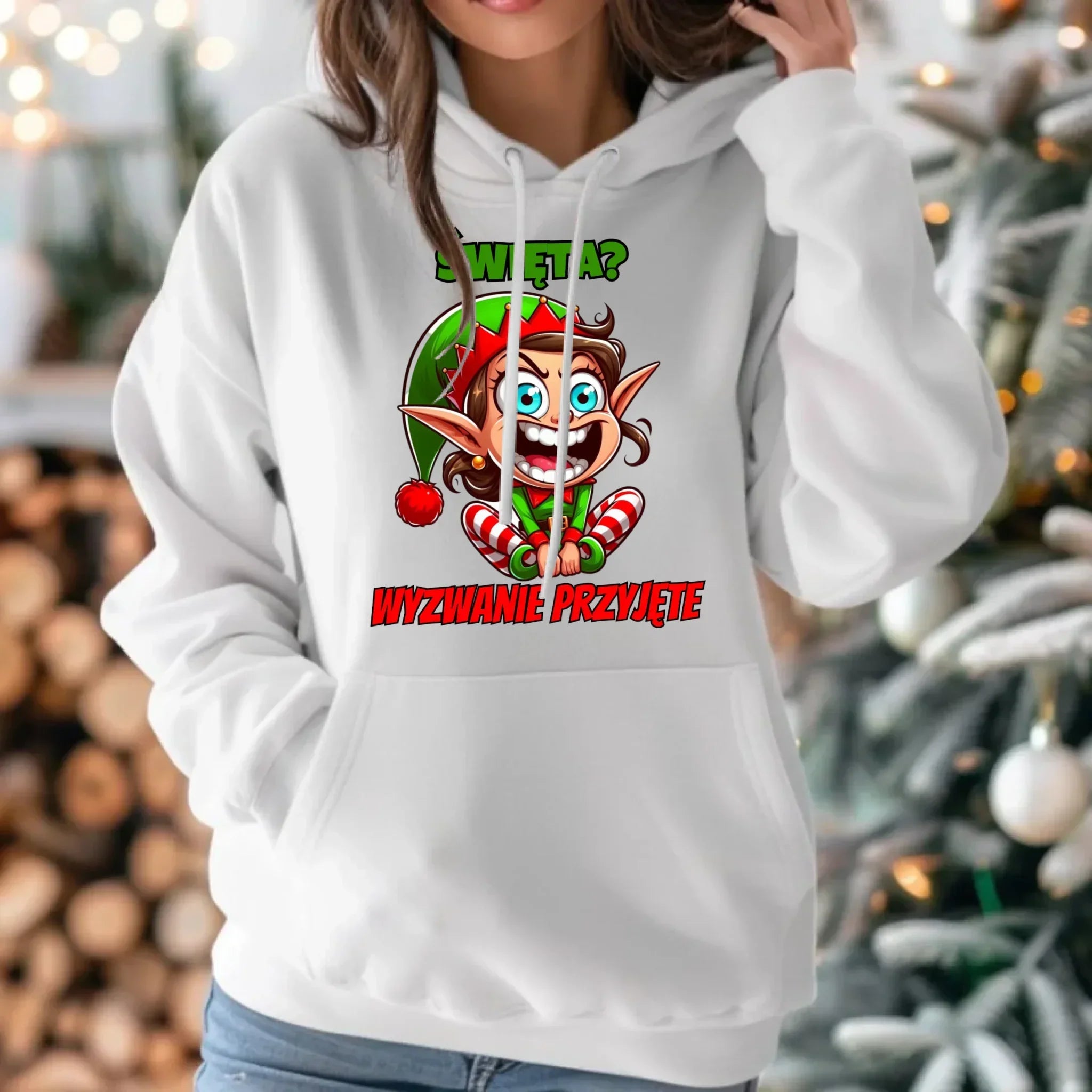 Bluza damska z kapturem świąteczna - Skrzat Wyzwanie przyjęte BN100 - StoryCups.pl