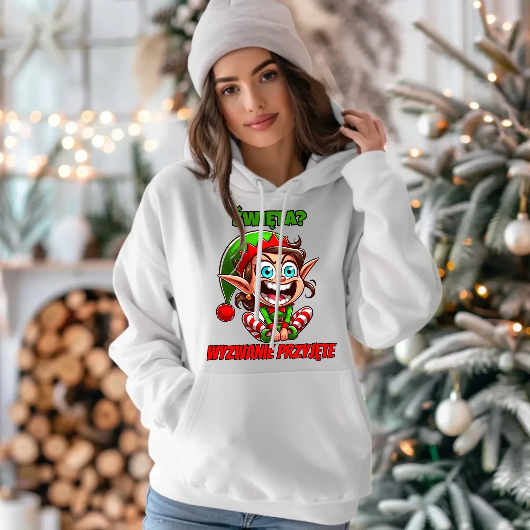 Bluza damska z kapturem świąteczna - Skrzat Wyzwanie przyjęte BN100 - StoryCups.pl