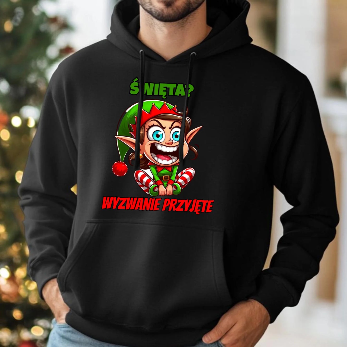 Bluza męska z kapturem świąteczna - Skrzat Wyzwanie przyjęte BN100 - StoryCups.pl