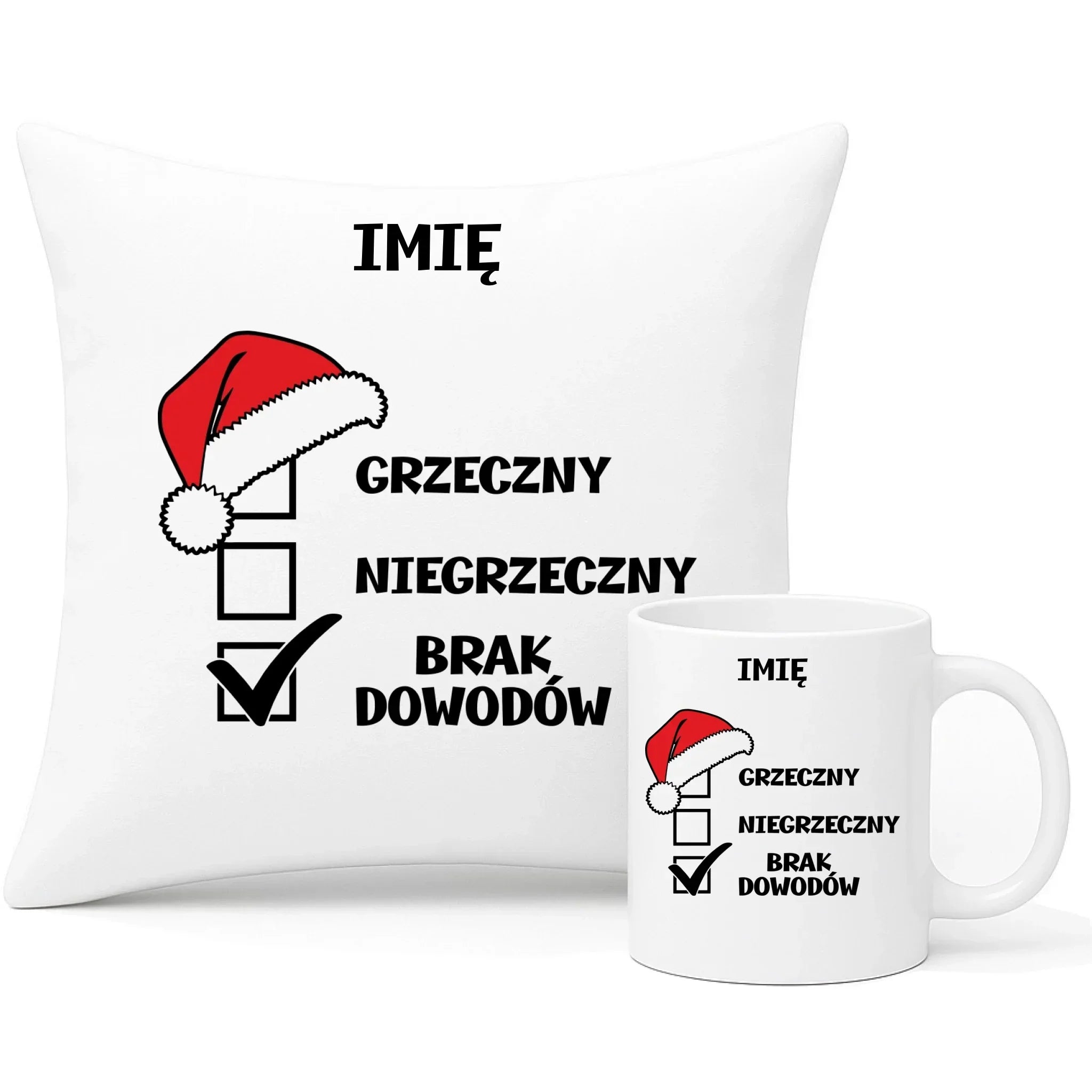 Zestaw poduszka i kubek świąteczny - Grzeczny niegrzeczny brak dowodów - personalizowany BN99 - StoryCups.pl