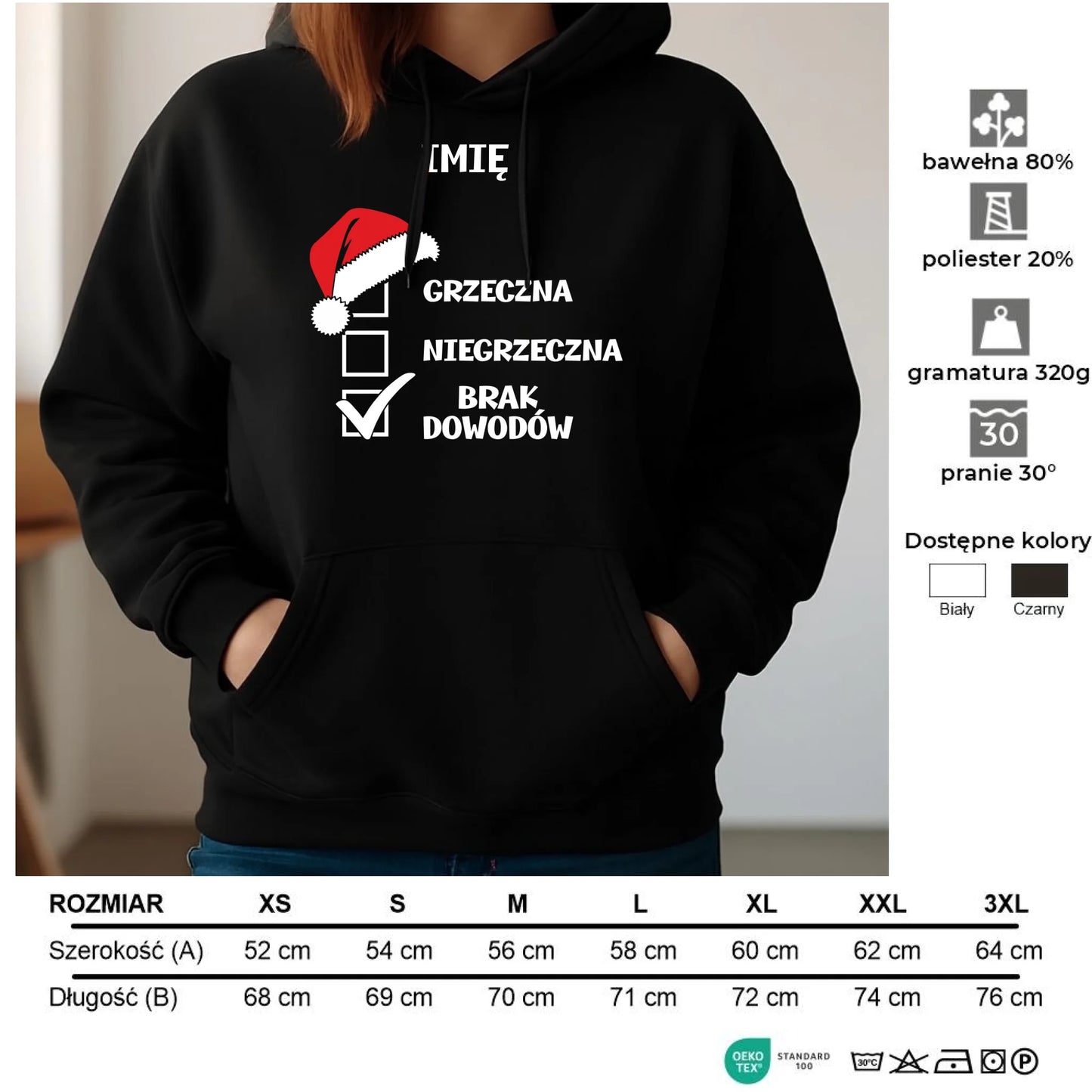 Bluza damska z kapturem świąteczna - Grzeczna niegrzeczna brak dowodów - personalizowana BN147