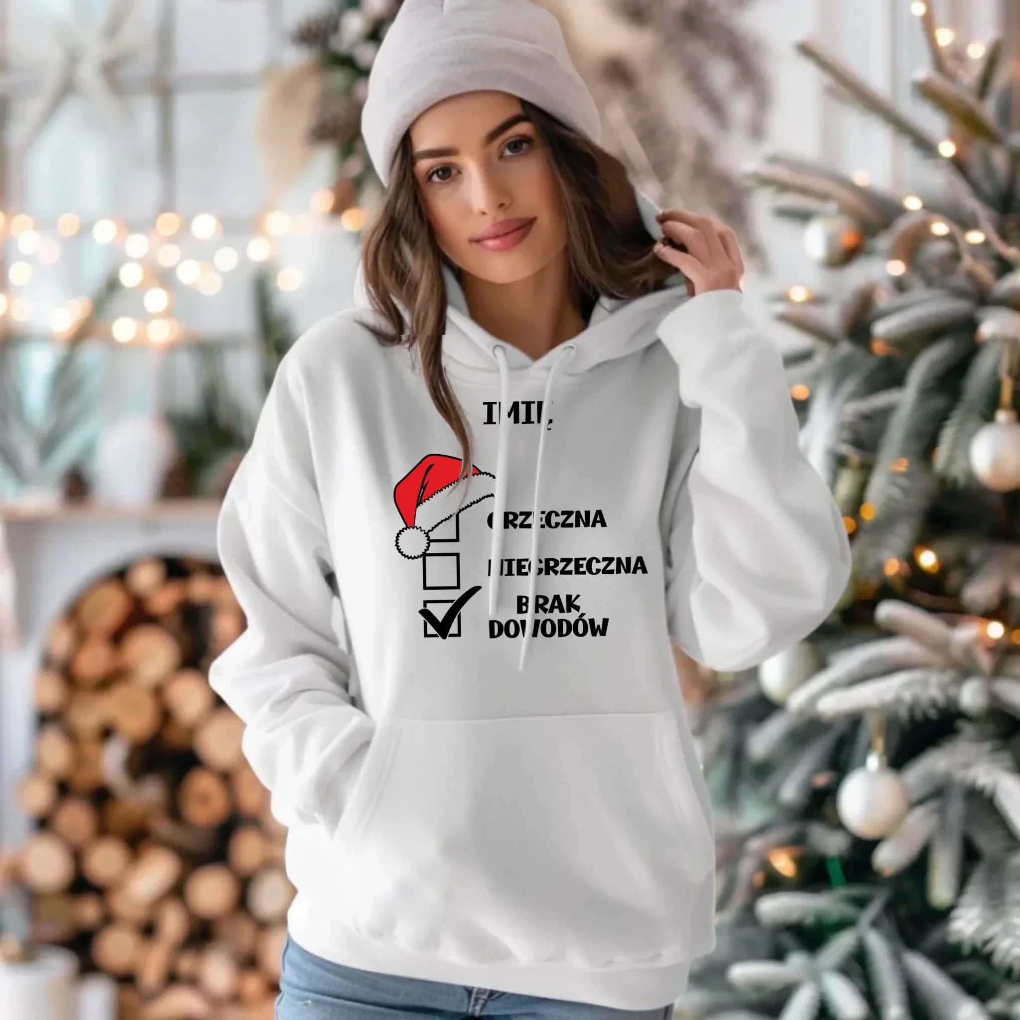 Bluza damska z kapturem świąteczna - Grzeczna niegrzeczna brak dowodów - personalizowana BN147 - StoryCups.pl