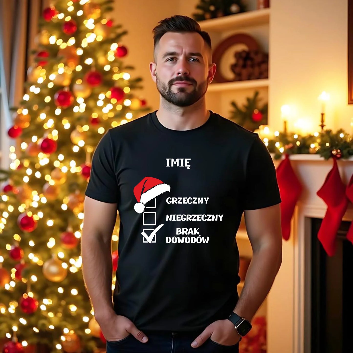 Koszulka męska świąteczna - Grzeczny niegrzeczny brak dowodów - personalizowana BN99 - StoryCups.pl