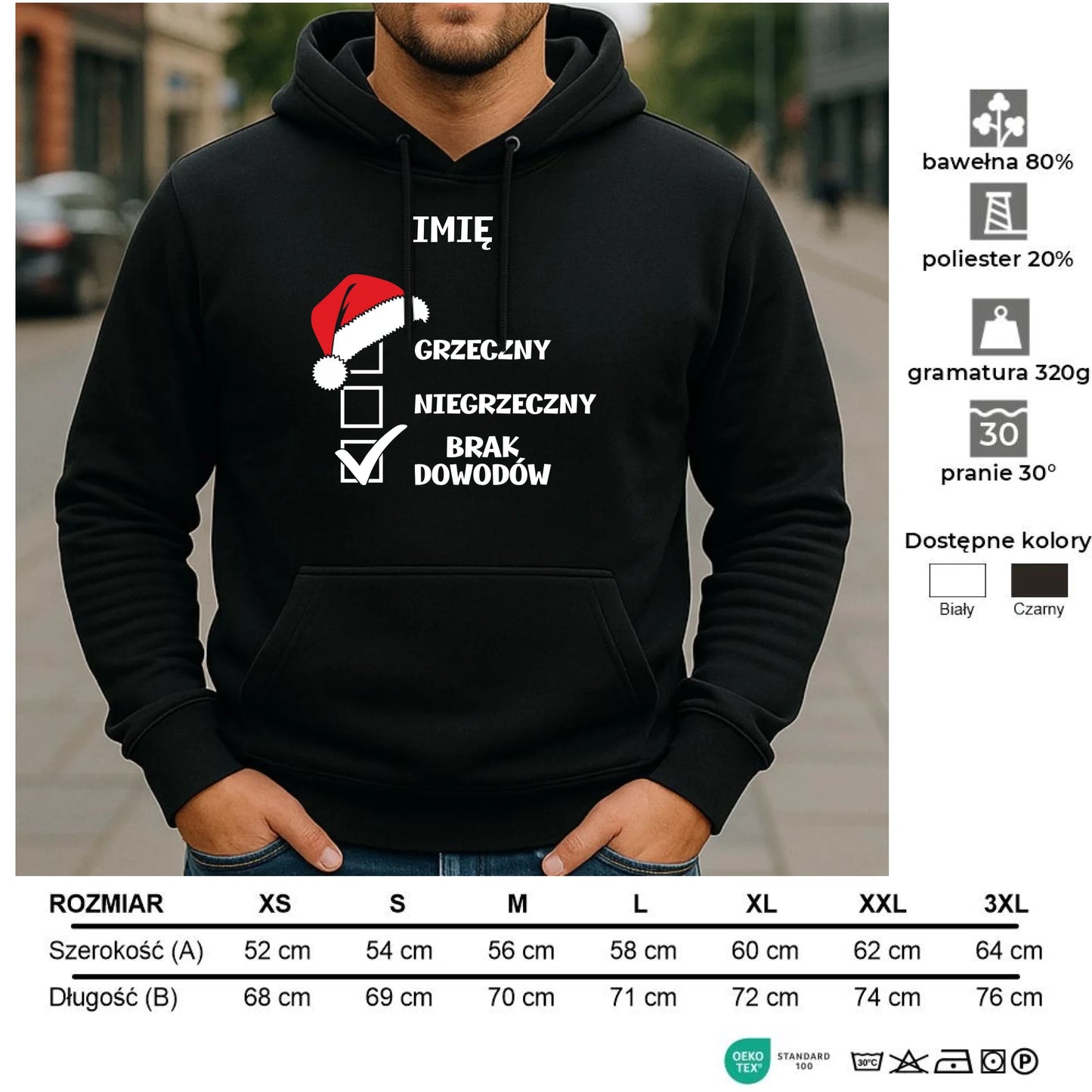 Bluza męska z kapturem świąteczna - Grzeczny niegrzeczny brak dowodów - personalizowana BN99