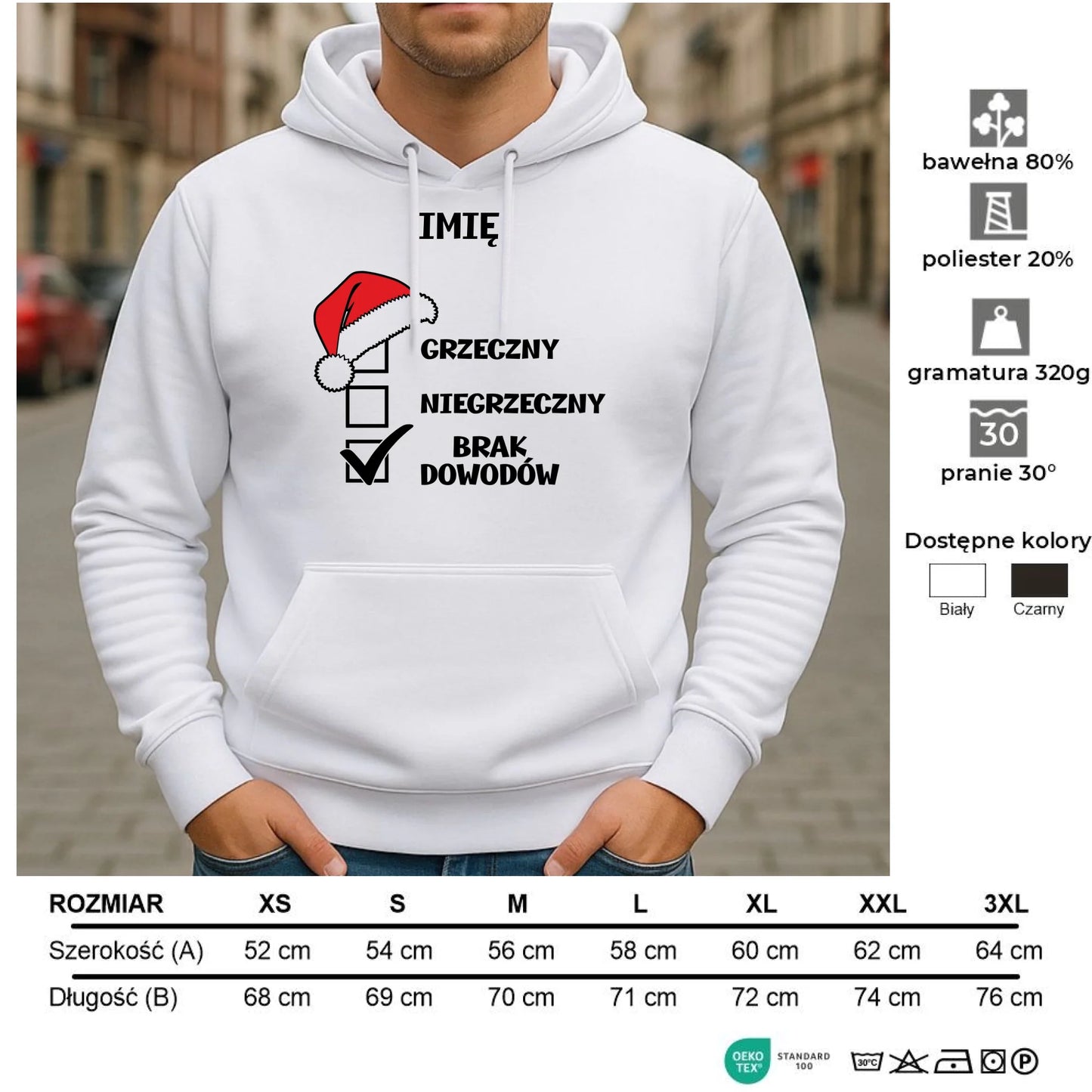 Bluza męska z kapturem świąteczna - Grzeczny niegrzeczny brak dowodów - personalizowana BN99