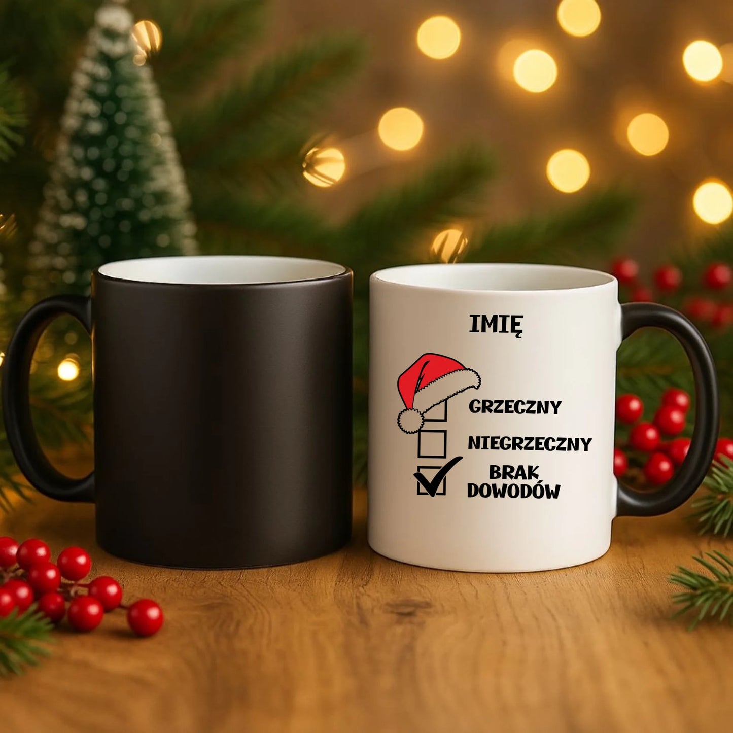 Kubek magiczny świąteczny - Grzeczny niegrzeczny brak dowodów - personalizowany BN99